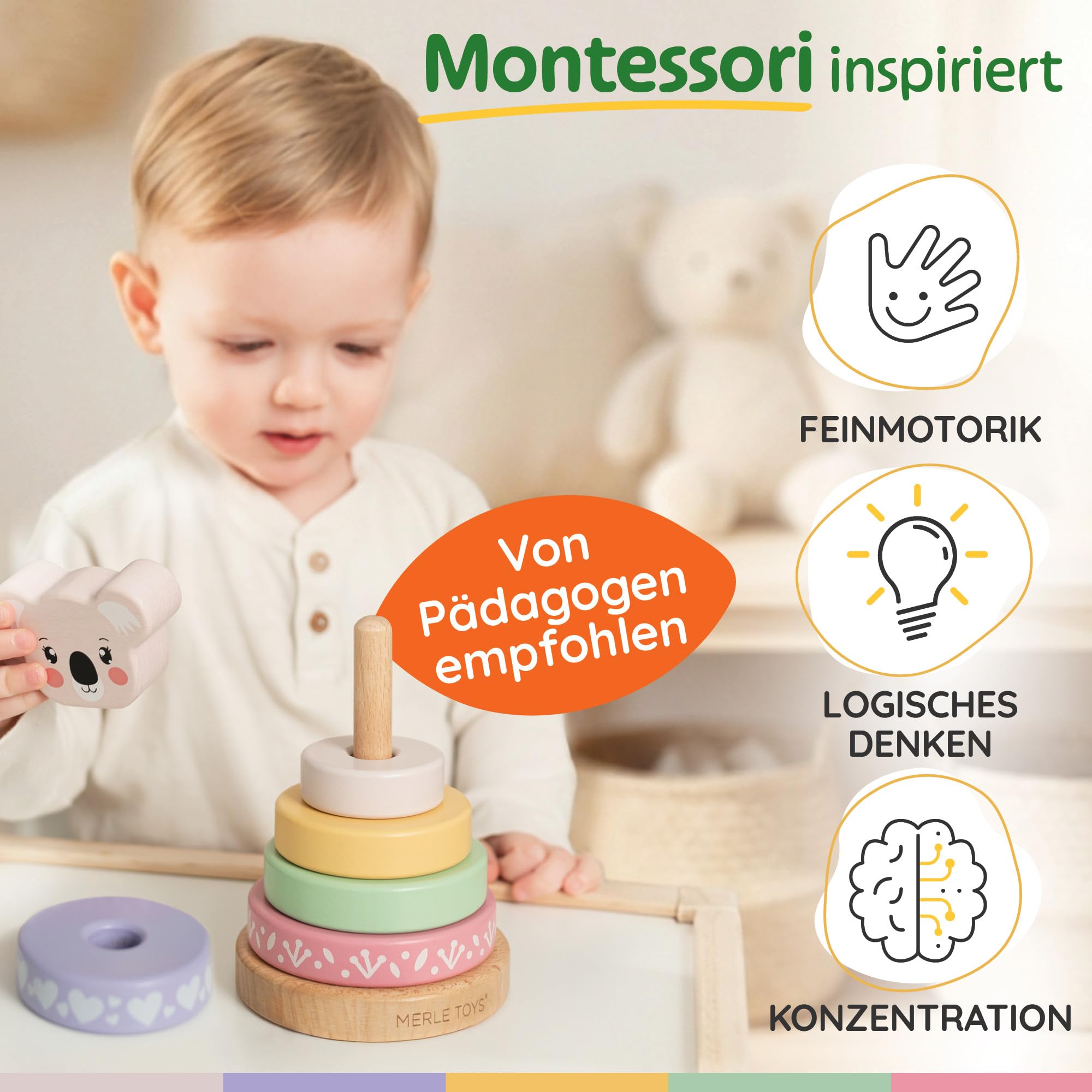 Merle Toys Holz Stapelturm ab 1 Jahr, Baby Stapelturm Holz, 100% FSC, Koala – Ansicht 4