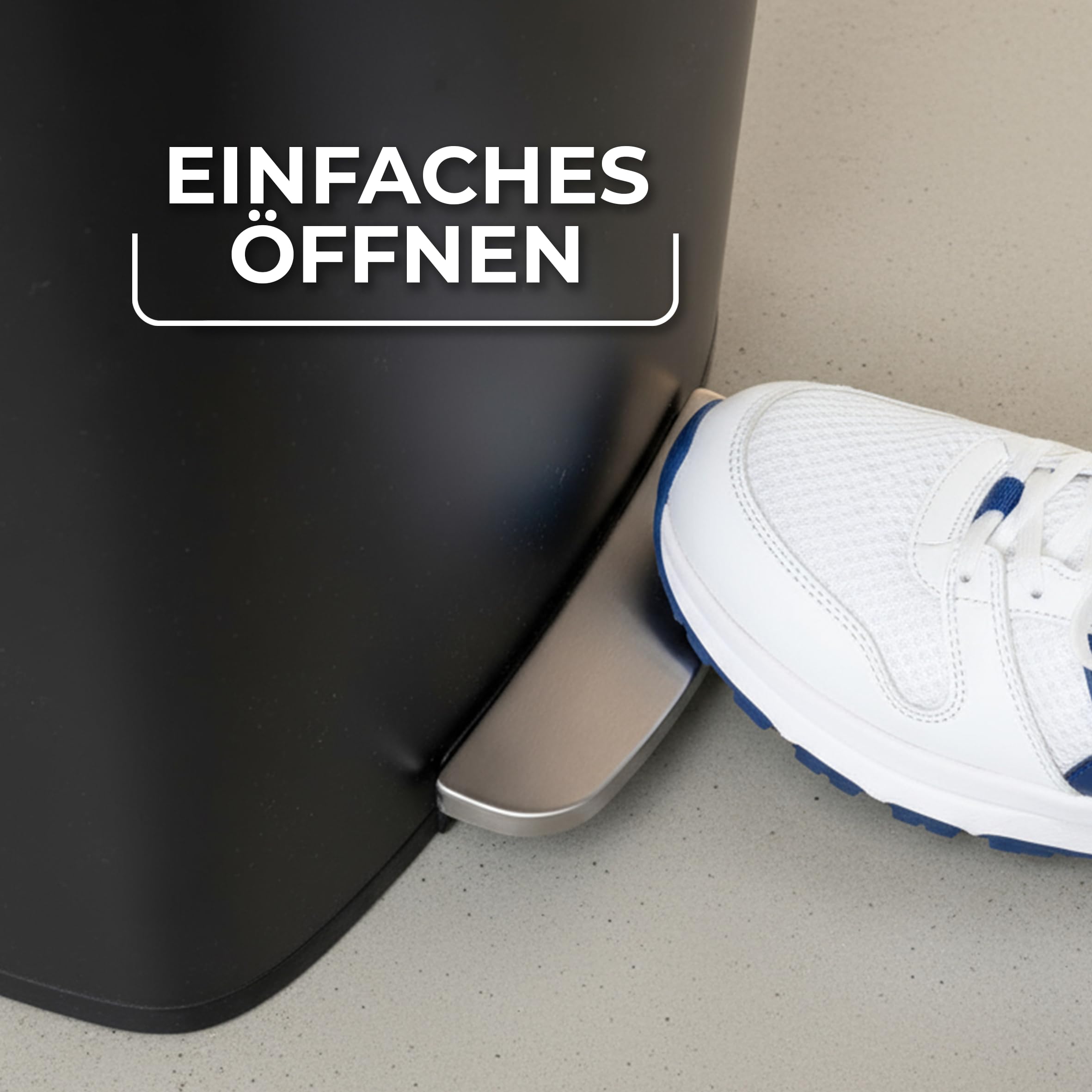 Vileda Mülleimer 50L Edelstahl Schwarz - Treteimer mit Deckel - Abfalleimer 50L mit Soft-Close und 90 Grad Öffnung - Mülleimer Küche 50L