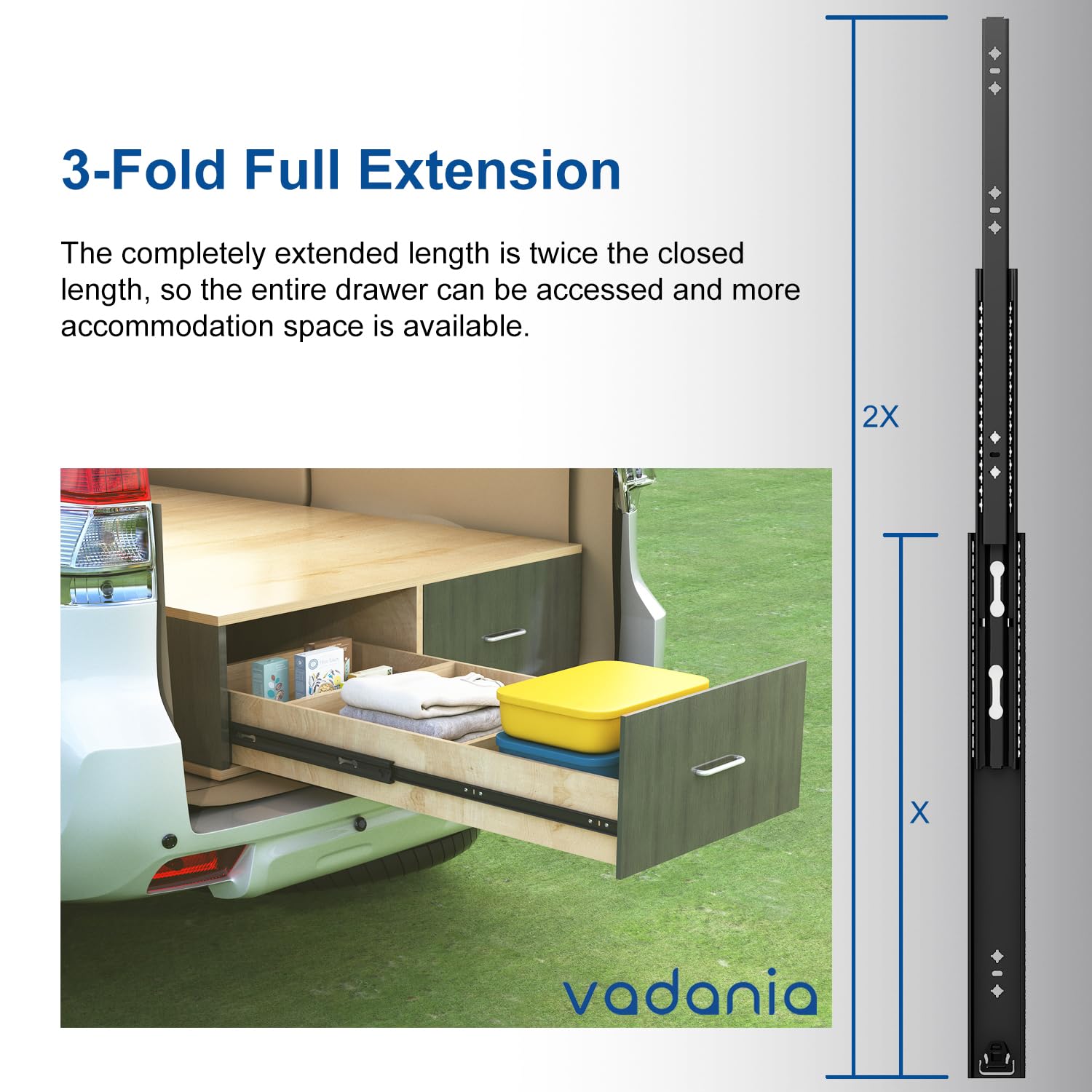VADANIA Glissières de tiroir robuste de 700 mm #A53 Noir, largeur de 53 mm, capacité de charge jusqu'à 85 kg, extension complète à 3 volets, montage latéral, 1 paire