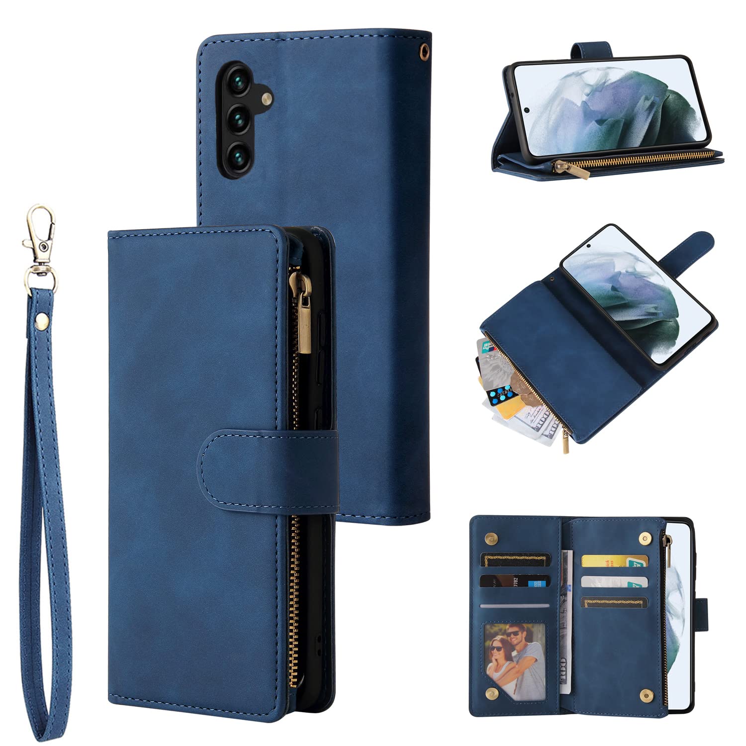 RANYOK Compatible with Galaxy A13 Wallet Case, Premium PU Leather Zipper Folio RFID Blocking with Card Slot Wrist Strap Magnetic Closure Built-in Kickstand Protective Case (Blue)