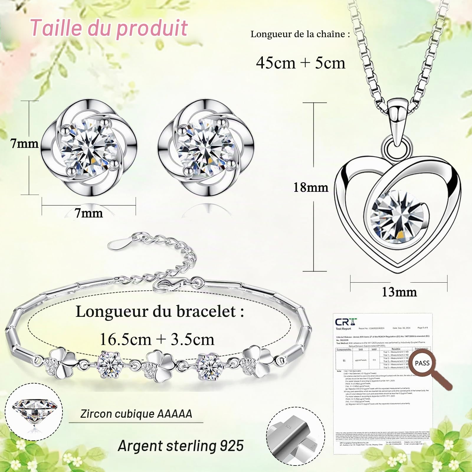 Parure Femme Argent Fin 925, Ensemble de Boucles d'oreilles Bracelet en Forme de Trèfle Collier de Coeur avec Zircon Cubique Blanc, Clous Chaîne Pendentif Hypoallergénique pour Femme Fille