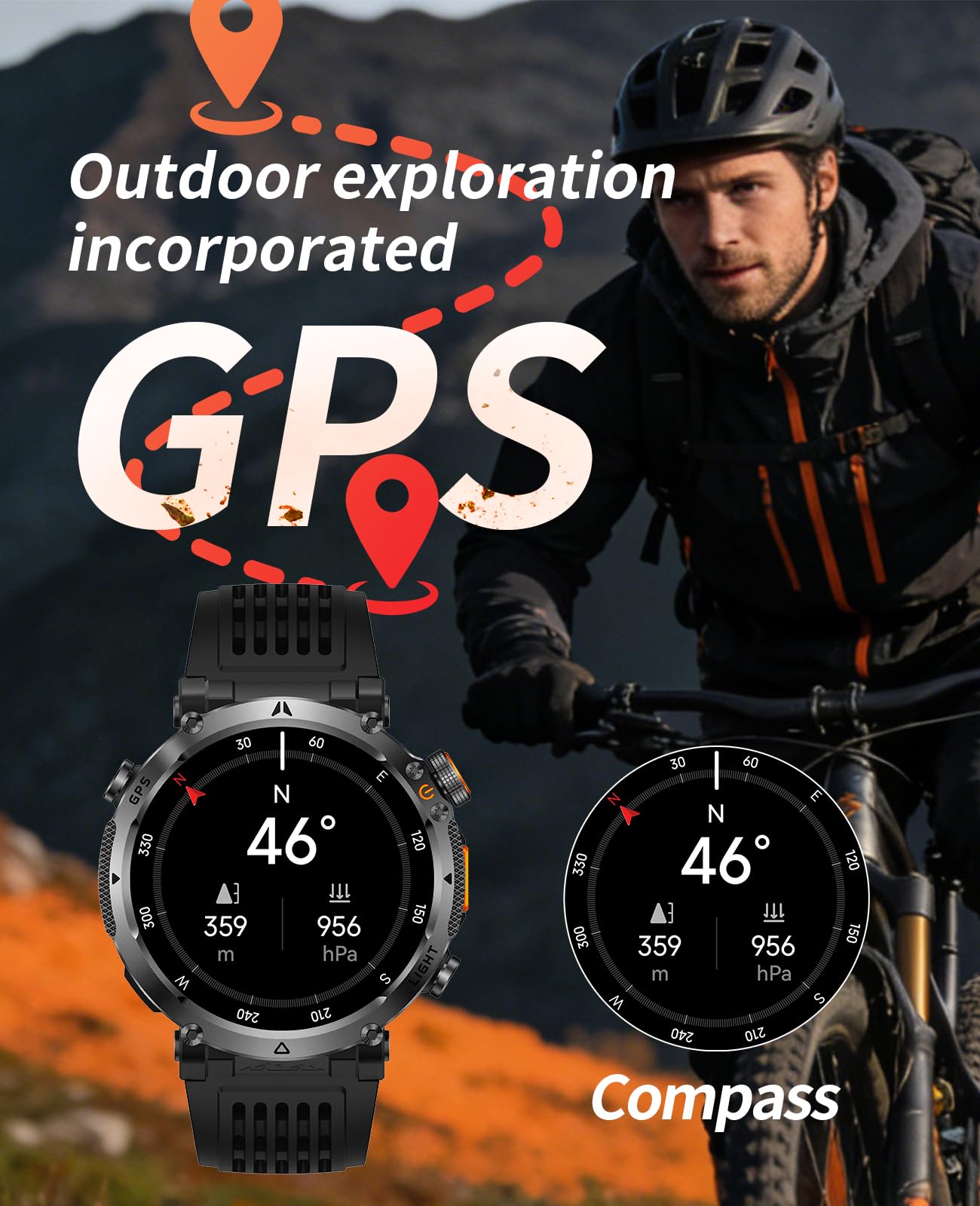 Orologio sportivo GPS da uomo, con schermo HD da 1,7 pollici, torcia a LED, durata della batteria 850 mAh, modalità multi-sport, cardiofrequenzimetro, Bluetooth, chiamate, smartwatch militare per
