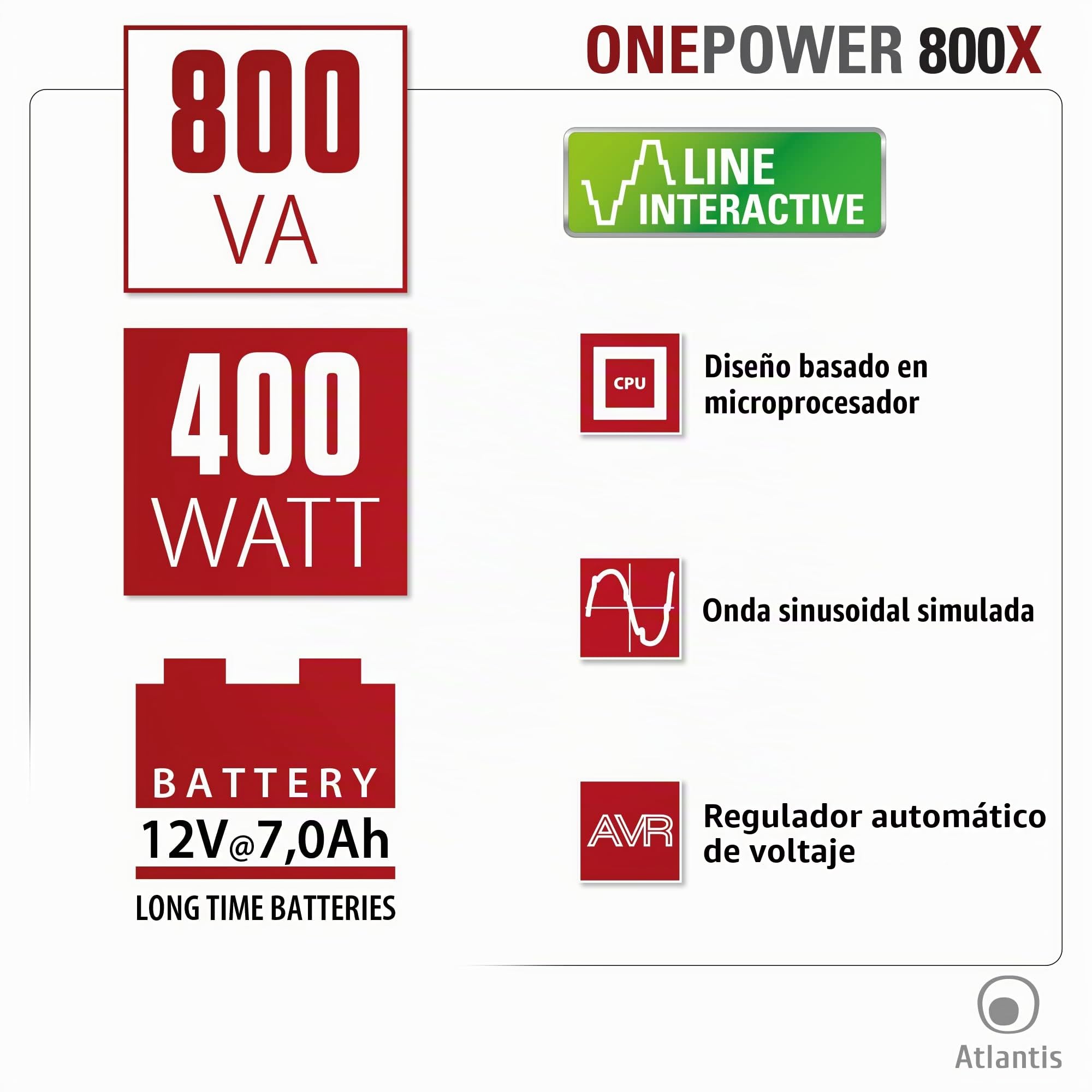 Atlantis Land OnePower PX800 800VA 4AC outlet(s) Compacto Negro sistema de alimentación ininterrumpida (UPS) - Fuente de alimentación continua (UPS) (800 VA, 400 W, 162 V, 268 V, 220 V, 220 V)