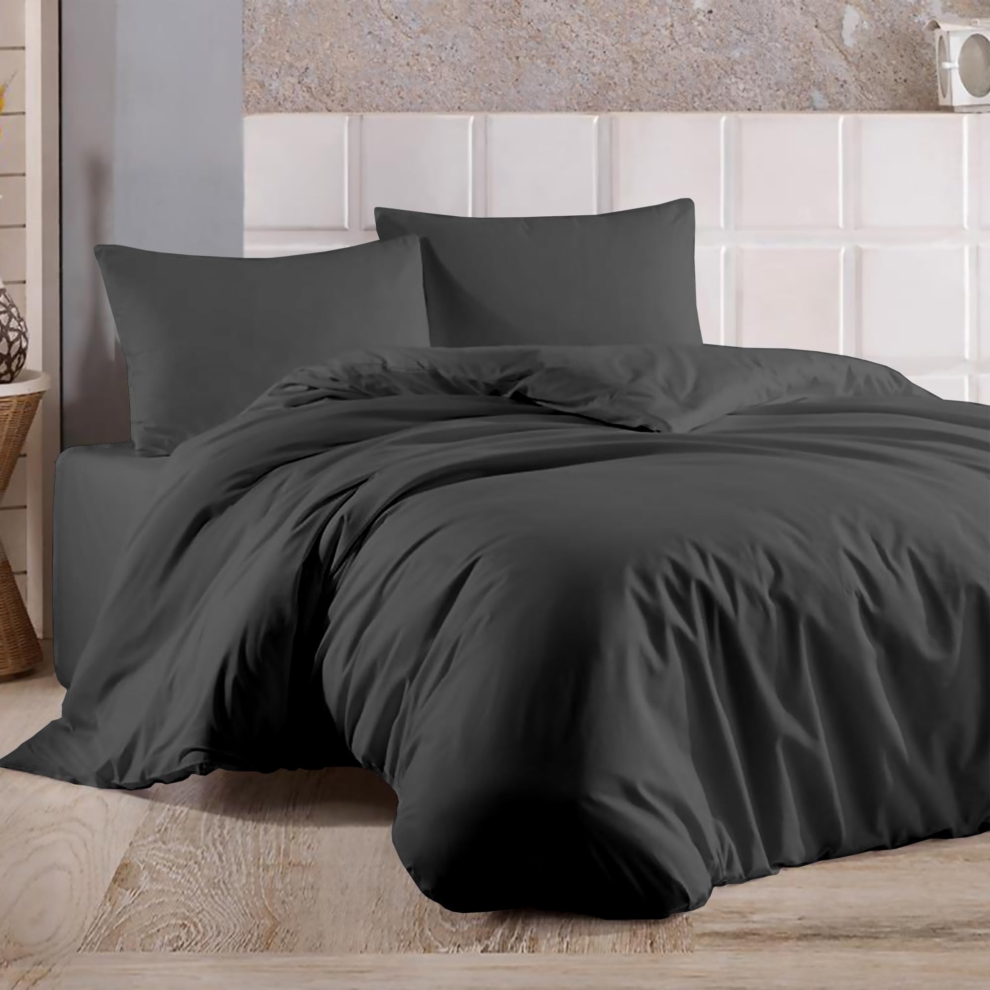 Ray Bedding4Pcs Double Duvet Cover Bed Set 400 TC 100% Egyptian Cotton Duvet Cover & Deep Fitted Sheet Double Bedding Set with Pillow Case 2 Pack | Complete Double Duvet Set (Charcoal, Double)
