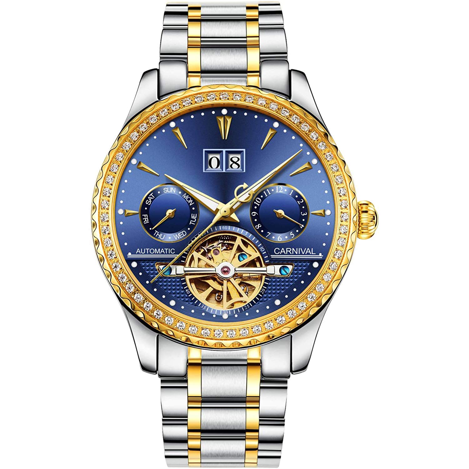MASTOP Orologio meccanico automatico da uomo, in acciaio inox, con zaffiro luminoso, classico e semplice