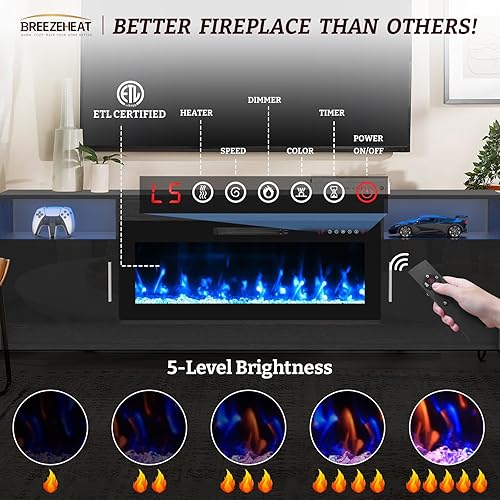 Miniatura 4 de BREEZEHEAT Soporte de TV con chimenea eléctrica, centro de entretenimiento LED, soporte de TV de 70 pulgadas con chimenea eléctrica de 36 pulgadas,