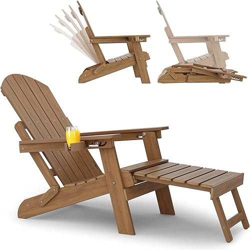 Miniatura 67 de YEFU Juego de 4 sillas Adirondack ajustables con reposapiés, sillas Adirondack ajustables de 5 niveles con otomana retráctil y 2 portavasos, sillas