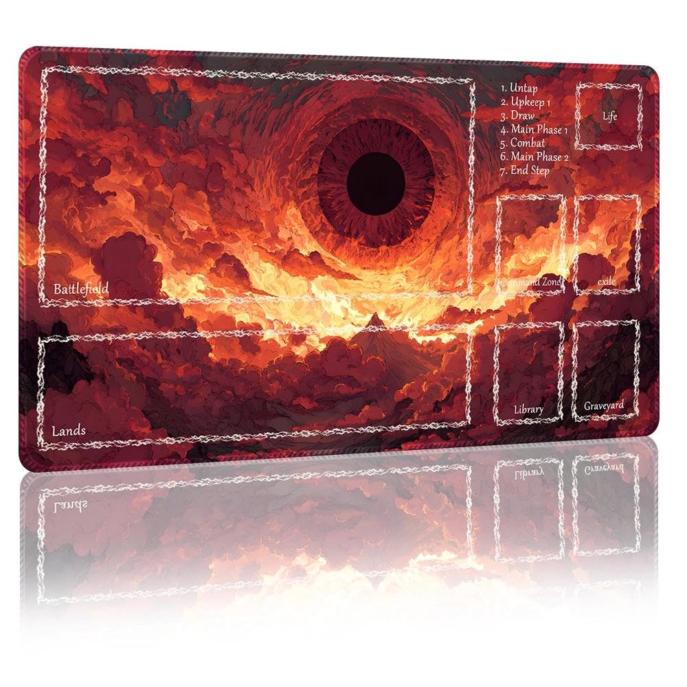 DUNQEO Fantasy Game Mat Compatible with MTG, TCG – 24”x14” Playmat with Stitched Edges for Trading Card Games, Board Games & Desk Use(Infernoeye,with Game Zones)