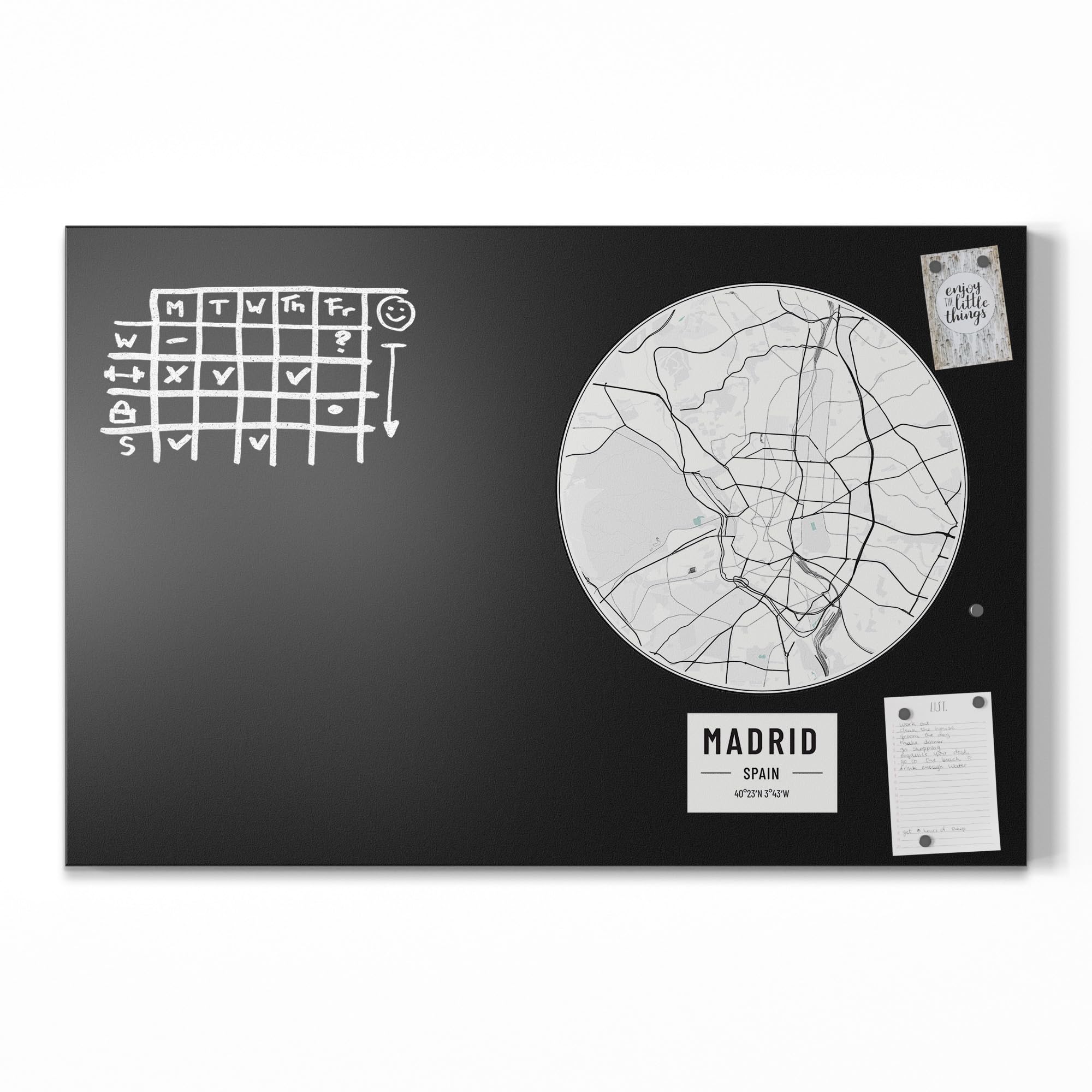 DEQORI Magnetyczna tablica do pisania kredą z nadrukiem UV | motyw "mapa miasta Madrytu" | prostokątna 90 x 60 cm | metalowa tablica kredowa do pisania – dekoracja ścienna do kuchni, korytarza, pokoju