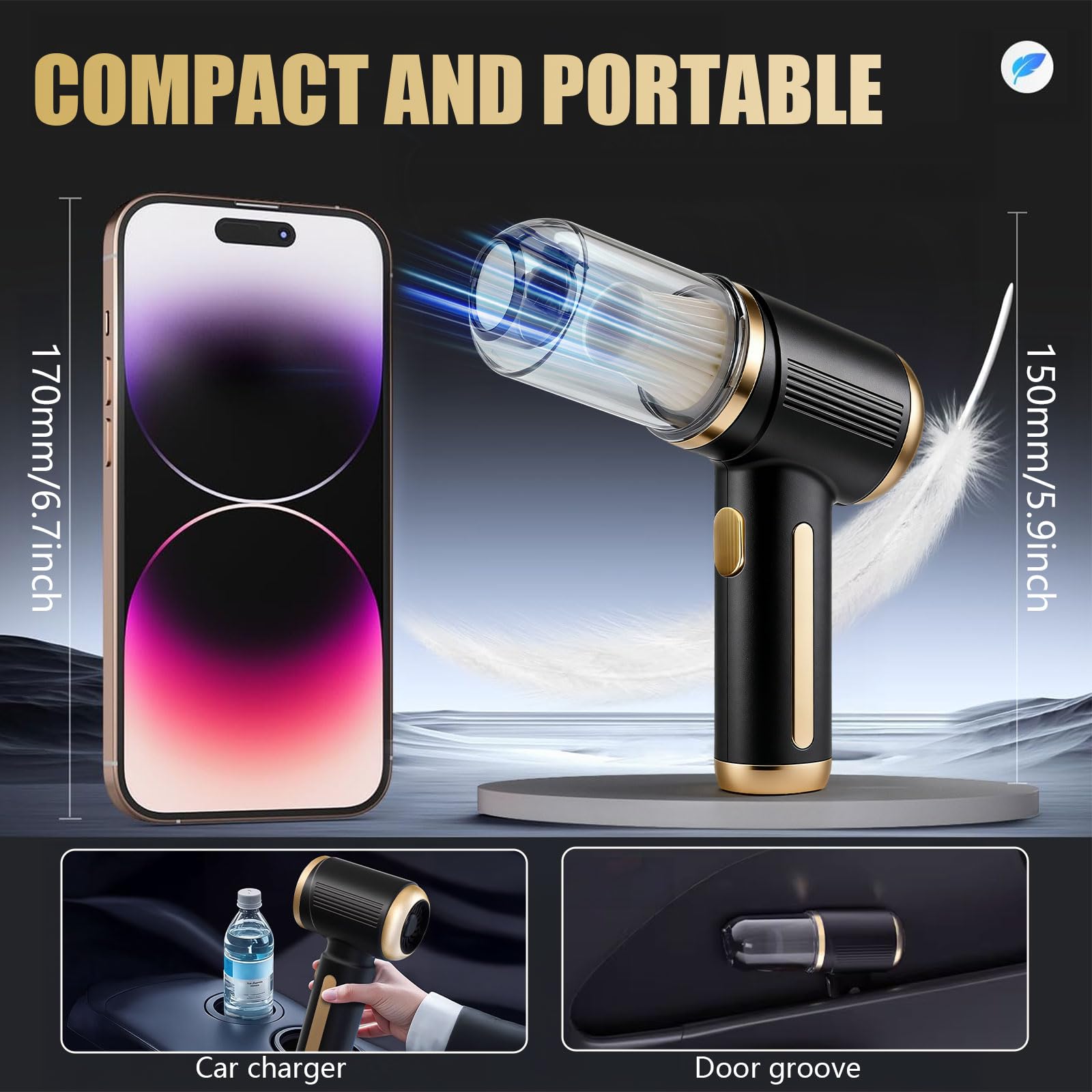 Mini Car Vacuum with Brushless Motor, Handheld Wireless Handheld Vacuum, Car Vacuum Cleaner Cordless for Car Detailing, Pet Hair and Home (Black) - 3