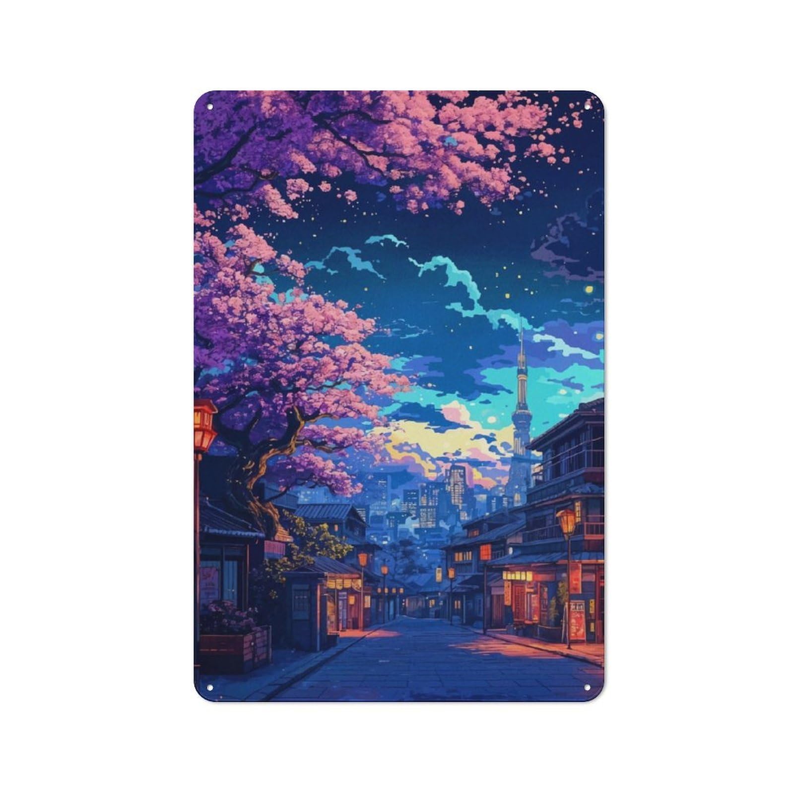 Junmoney Sakura Japan Landscape Metal Sign 30X20cm With For Hallway Wall, Vintage Decor, For Garage, Workshop And Man Cave Decoration