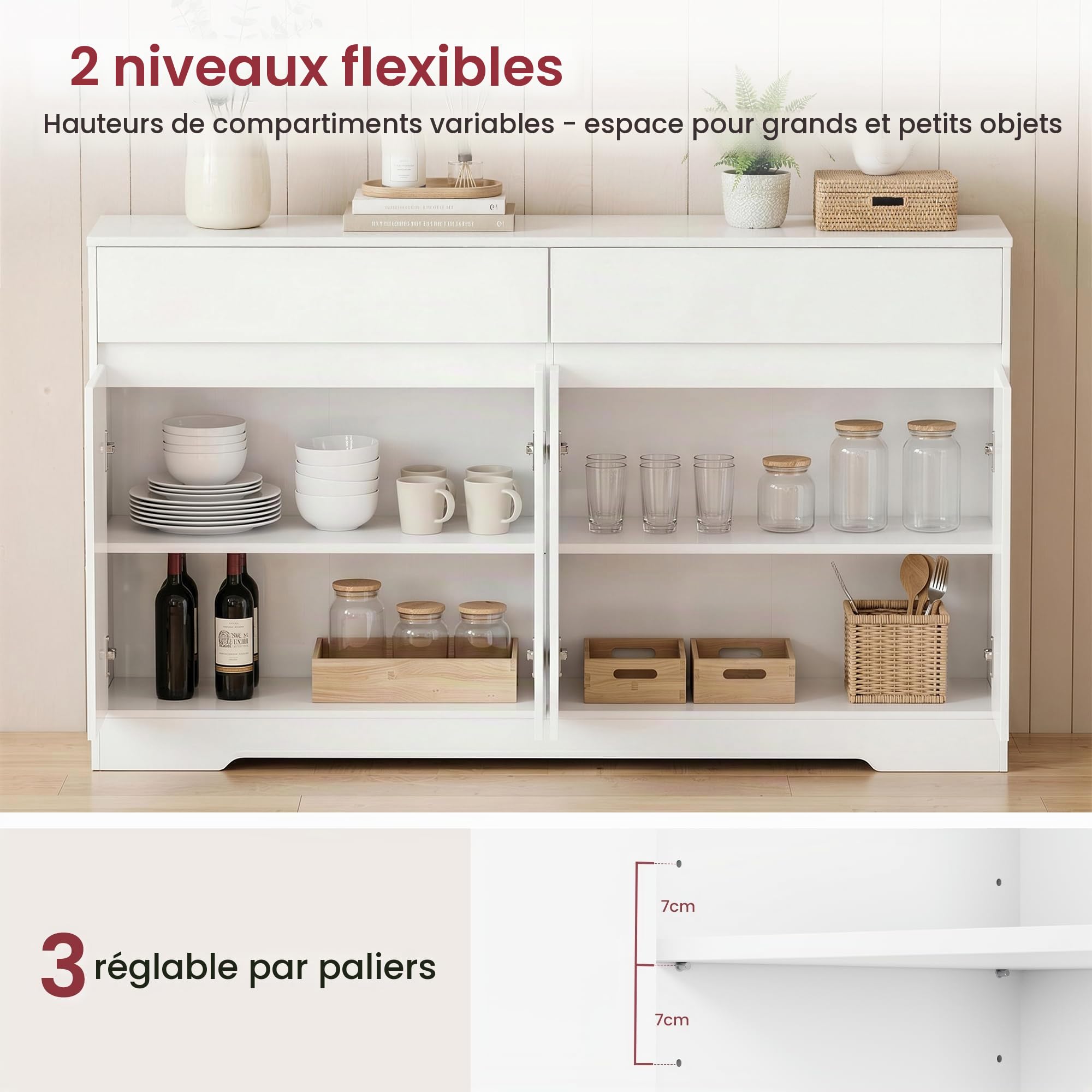 YOUDENOVA Buffet 140 Cm, Meuble De Cuisine avec 2 Tiroirs Et 4 Portes