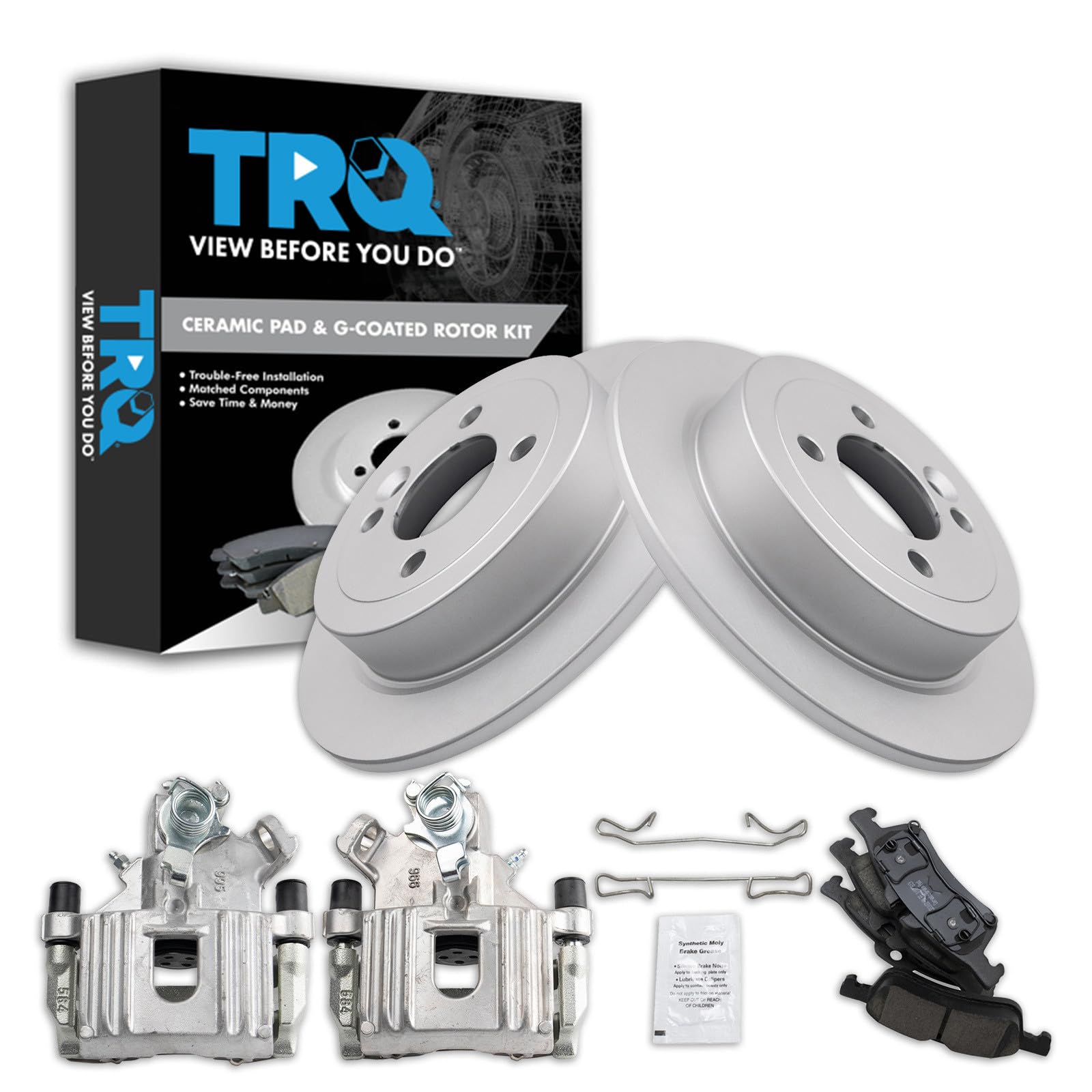 TRQ Rear Brake Pad and Rotor Set Ceramic G Coated Rotors Calipers