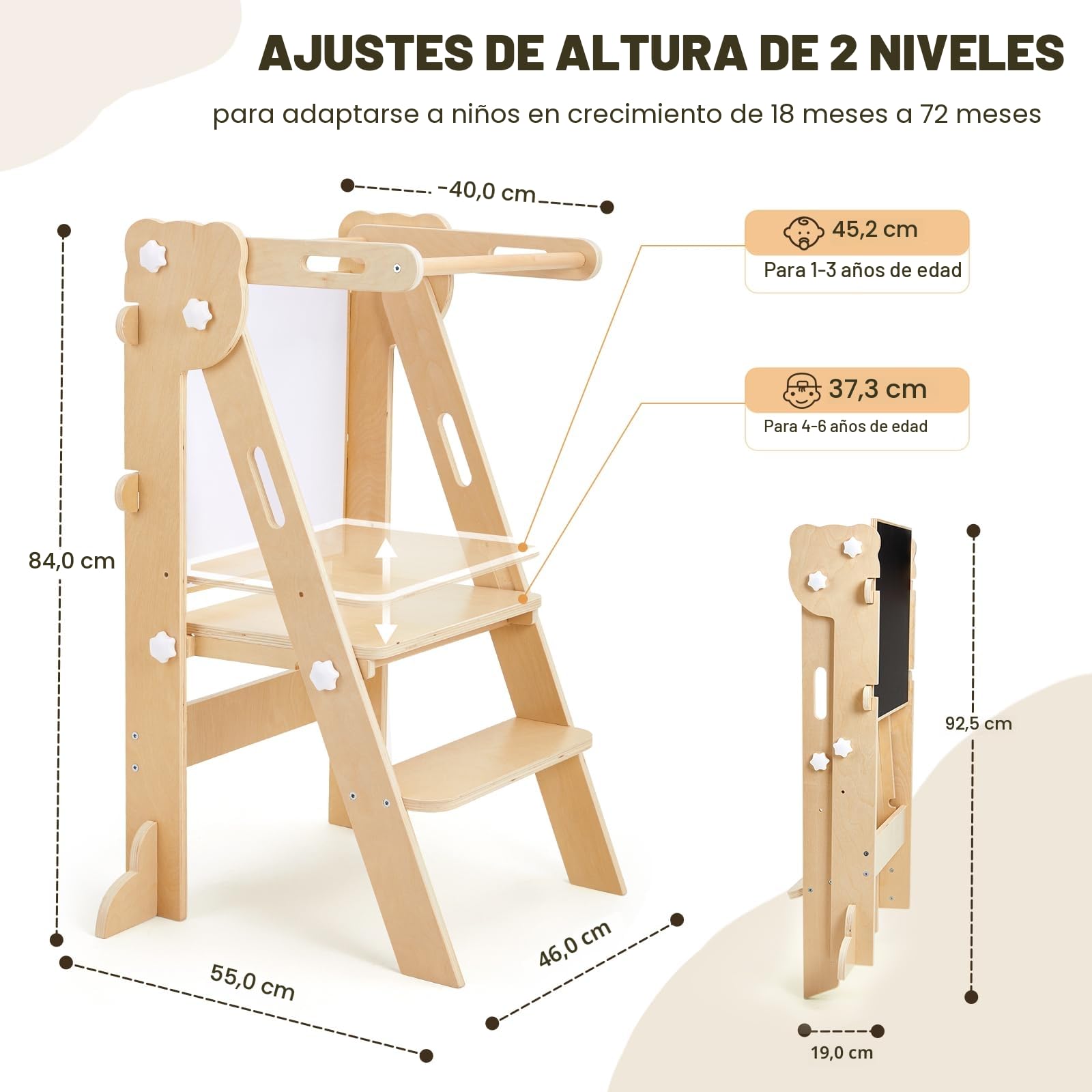 Labebe Torre de Aprendizaje Plegable 3 en 1 Multifuncional Ajustable en Altura y Ancho Madera