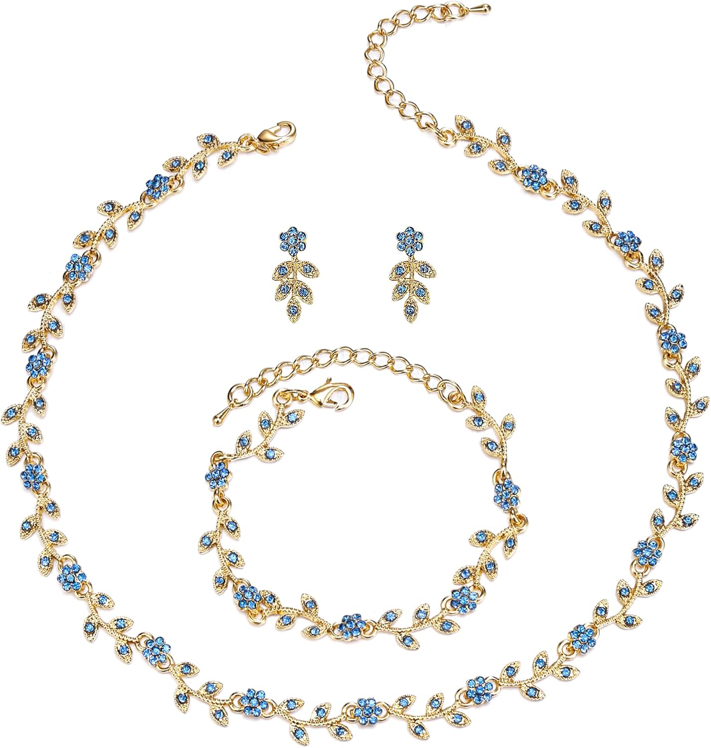 BriLove Wedding Jewelry Set for Women Bride, Gorgeous Stunning Crystal Flower Leaf Cluster Choker Necklace Link Bracelet Stud Earrings Bridal Bridesmaid