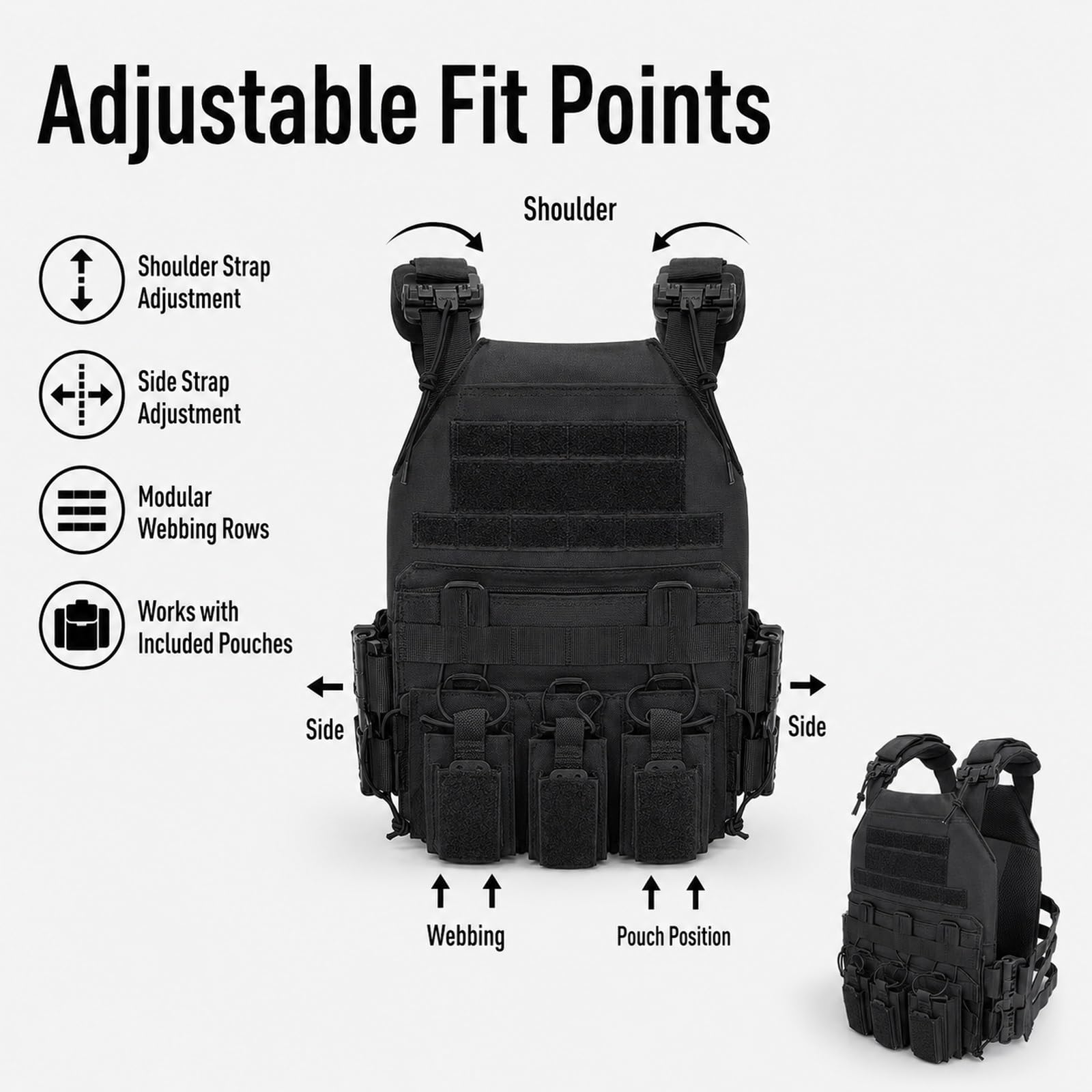 Genérico Arnes de Carga Modular Kit, Chaleco de Pecho Airsoft Ajustable | Incluye Base Bolsa Triple Bolsa Cuadrada Pequena Bolsa Smartphone Bolsa Radio y Bolsa Trasera de Carga Utilidades