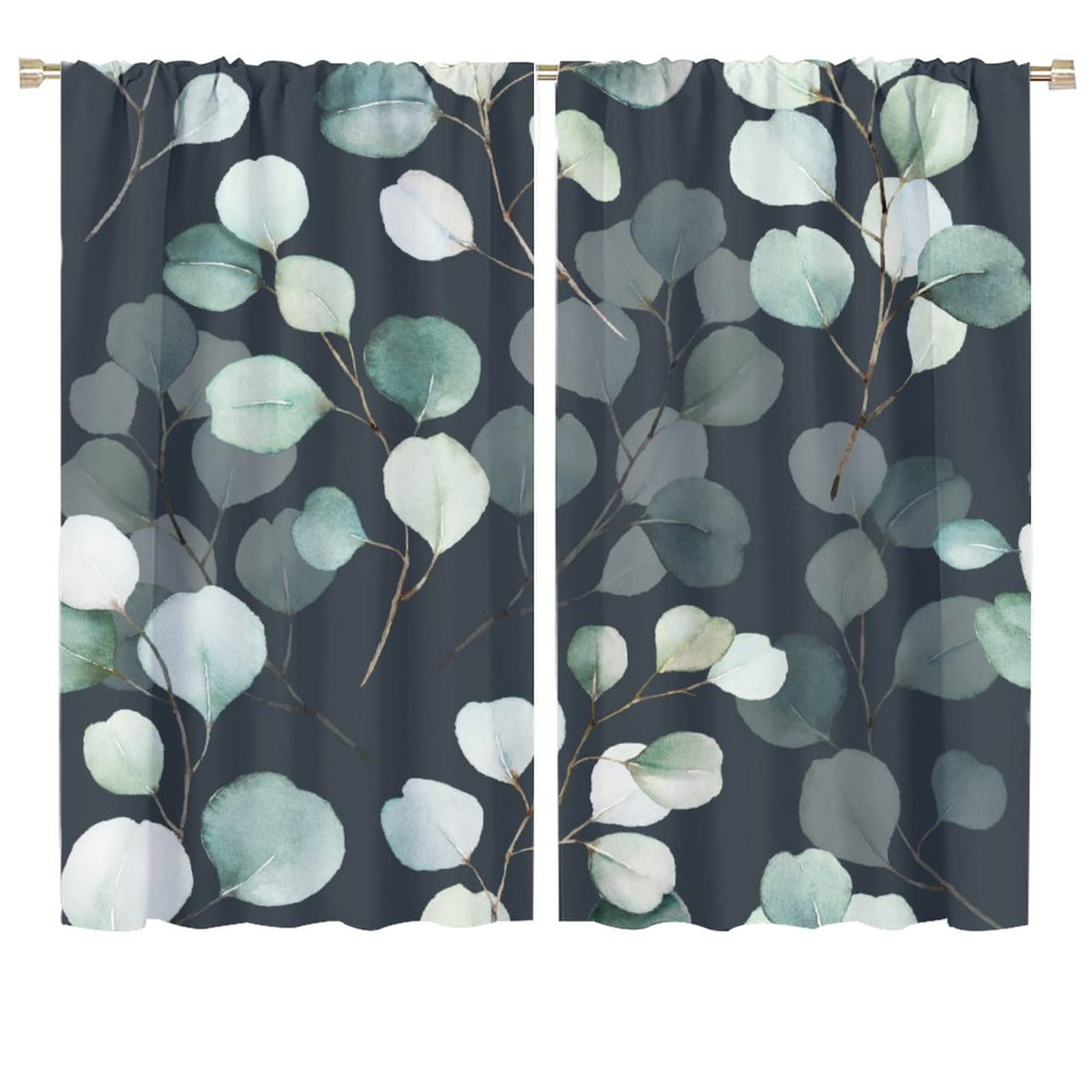 Eucalyptus Curtains Nature Botanical Green Leaves Pattern Black Background Blackout Print Rod Pocket Window Drapes for Bedroom Living Room 72x63in