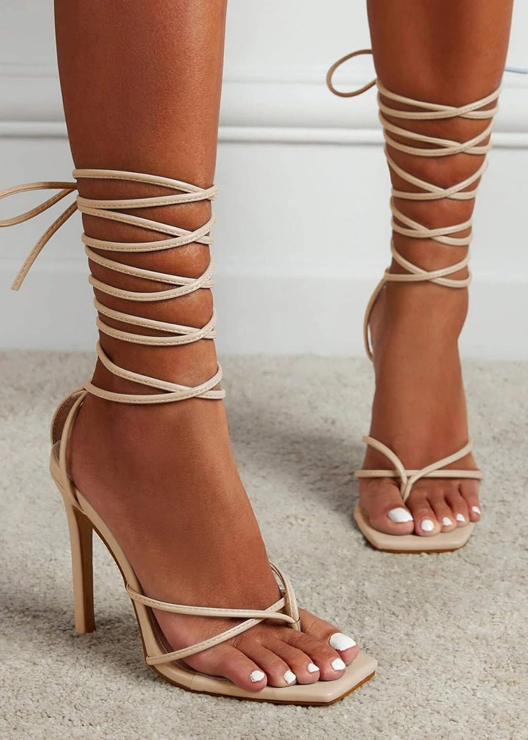 PiePieBuy Women's Lace Up Heeled Sandals Square Flip Flop High Heels Strappy Party Shoes - Image 3