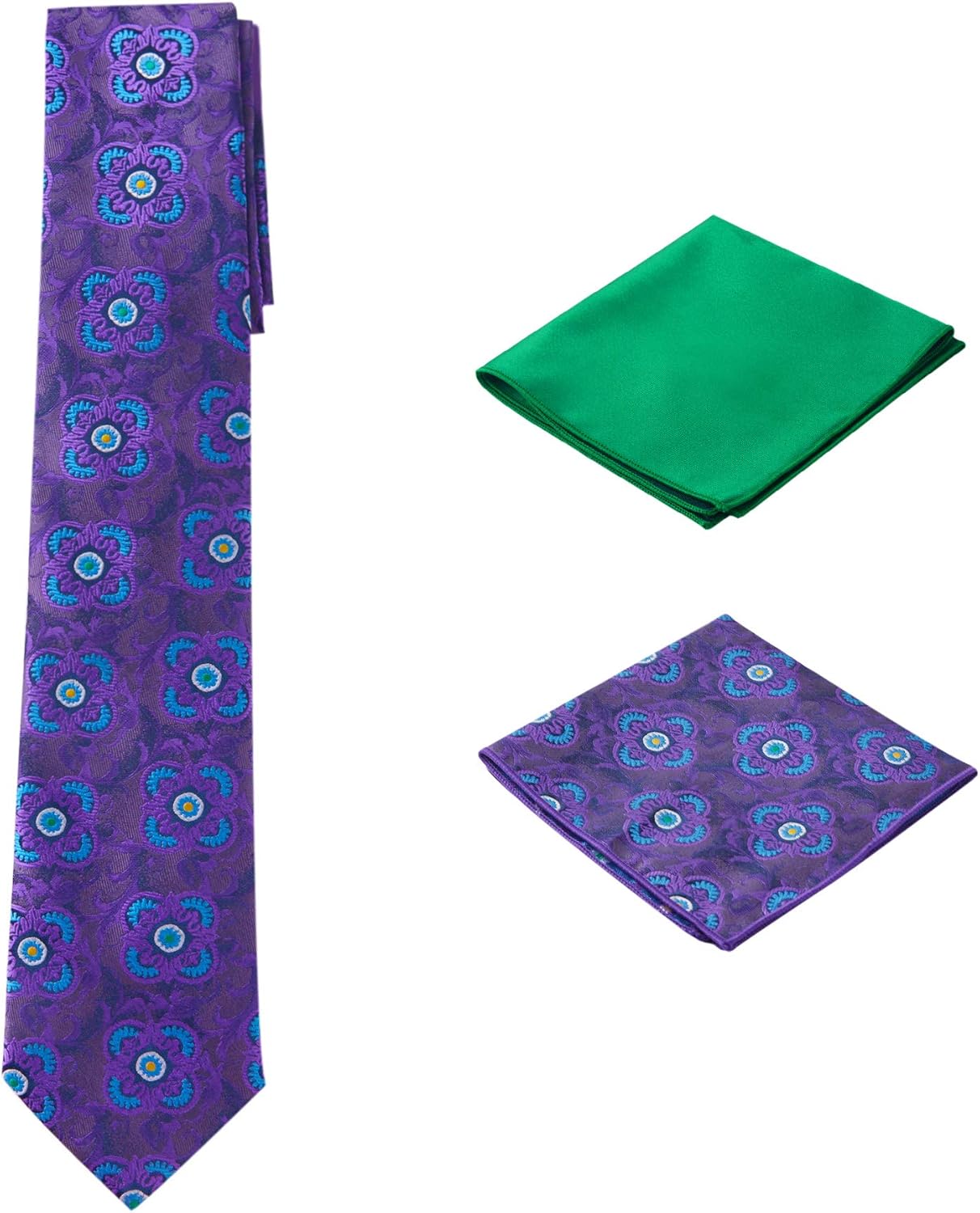 Men's Woven Medallion Regular Length Neck Tie with 2 Handkerchief Pocket Squares Hanky Set - Purple Blue Green