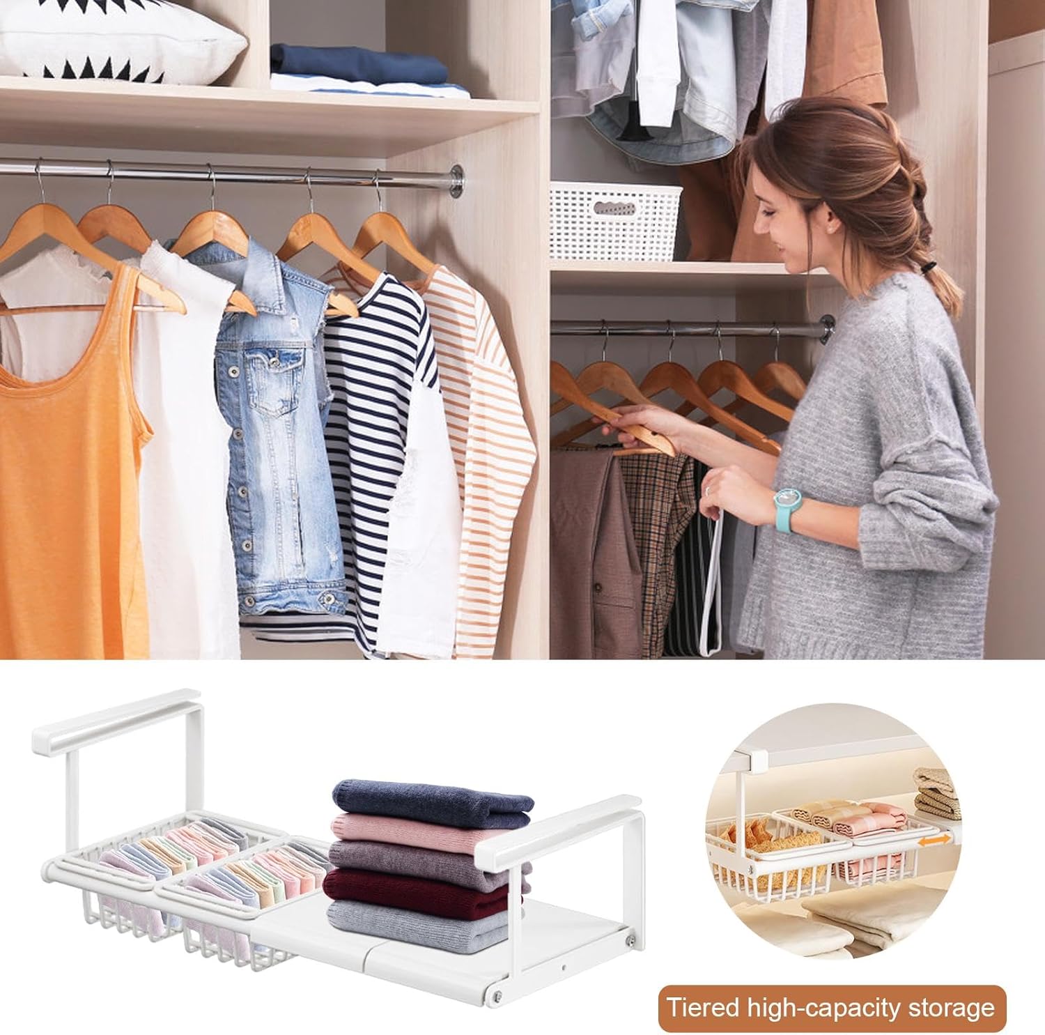 Under Cabinet Basket - Extendable No-Drill Holder | Under Shelf Storage Rack | for Home Wardrobe Kitchen Bathroom Pantry Closet Laundry Bedroom Rv Dorm