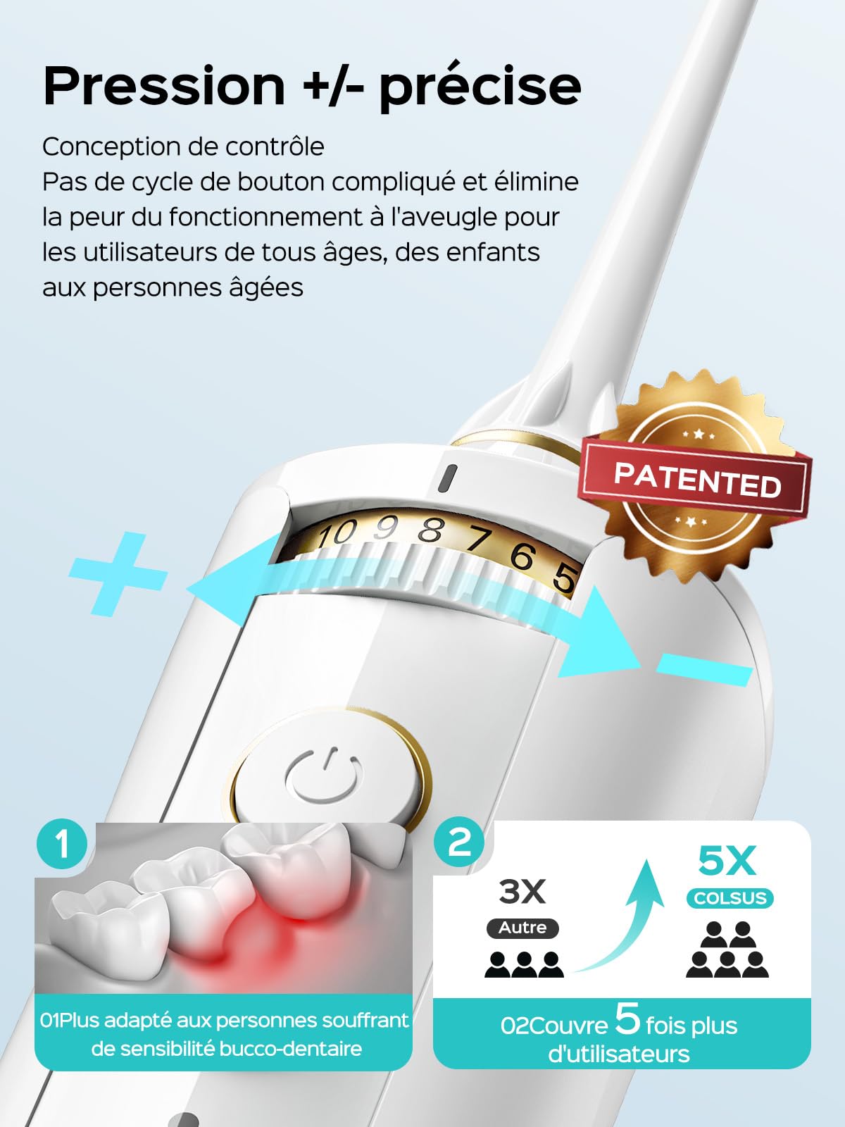 COSLUS Hydropulseur jet Dentaire Portable Dentaire Irrigateur Oral, 300 ML Sans Fil Hydropulseur 10 niveaux de contrôle doux, Rechargeable et Étanche IPX7 Vainqueur du Test, Blanc