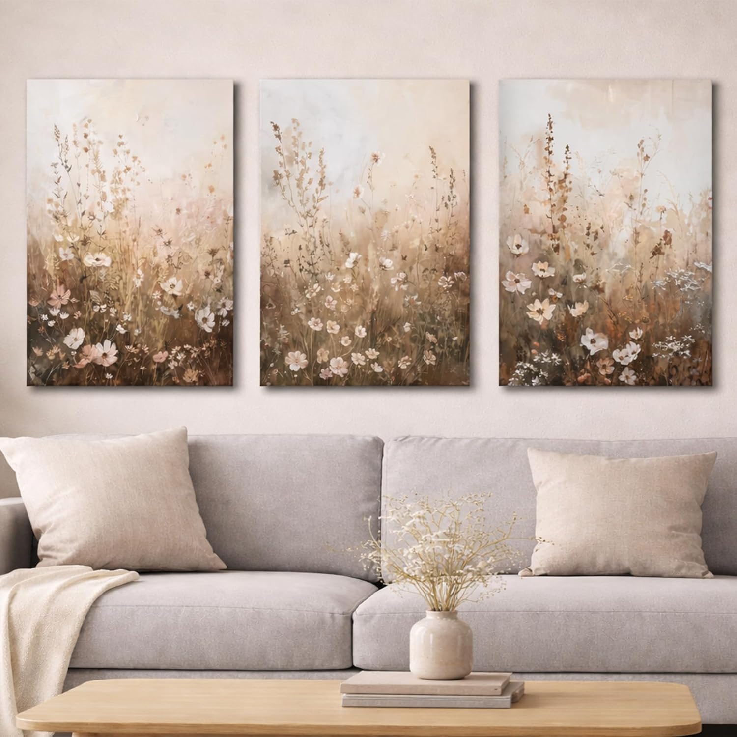 CHTEXA Wildflower Wall Art Canvas Set of 3, Rustic Neutral Botanical Prints, Beige Brown Meadow Artwork, Modern Farmhouse Nature Decor for Living Room, 16x24 Inch