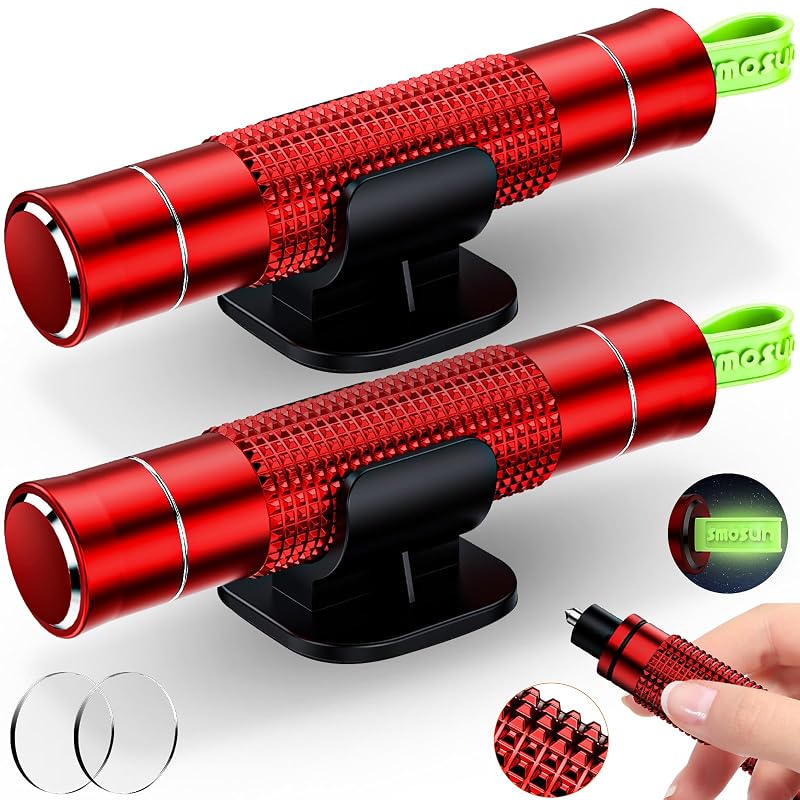 smosun Martelo de Emergência 2 em 1 com Quebrador de Vidro e Cortador de Cinto, Vermelho Fosco, Kit com 2