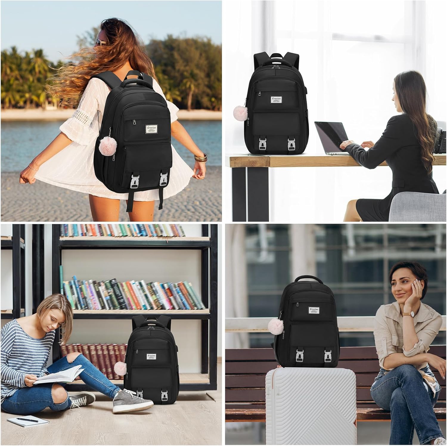 KROSIAS School Backpack for Girls Teens, Cute Aesthetic College Backpacks Large 15.6 Inch Laptop Bag Preppy Bookbag for Women Students Travel (Black)