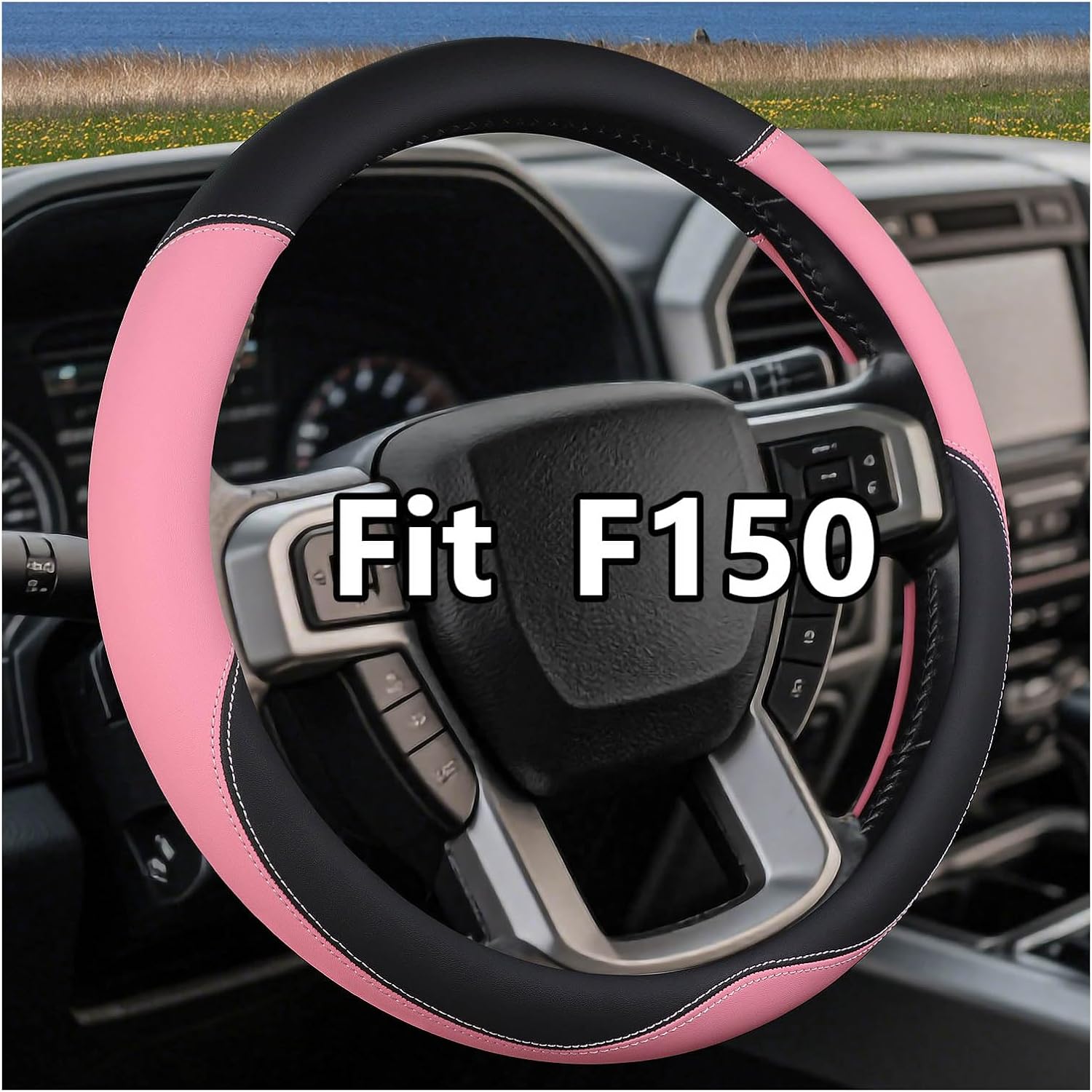Leather Steering Wheel Cover for Ford F150/F250/F350, 15.5-16 Inch Truck Steering Wheel Grip, Breathable & Anti-Slip, Premium Semi Car Accessories (Pink)
