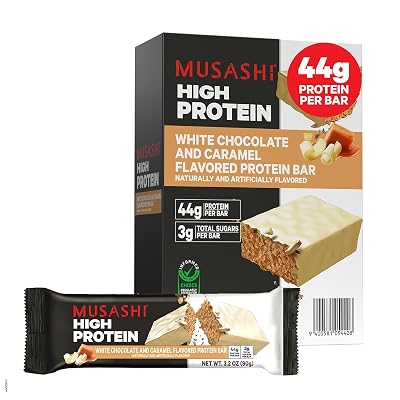 MUSASHI High Protein Bar, 45g Protein, 2g Total Sugars, White Chocolate Caramel, Post Workout and Protein Snack On The Go, 12 Pack of 3.2oz (90g) Bars