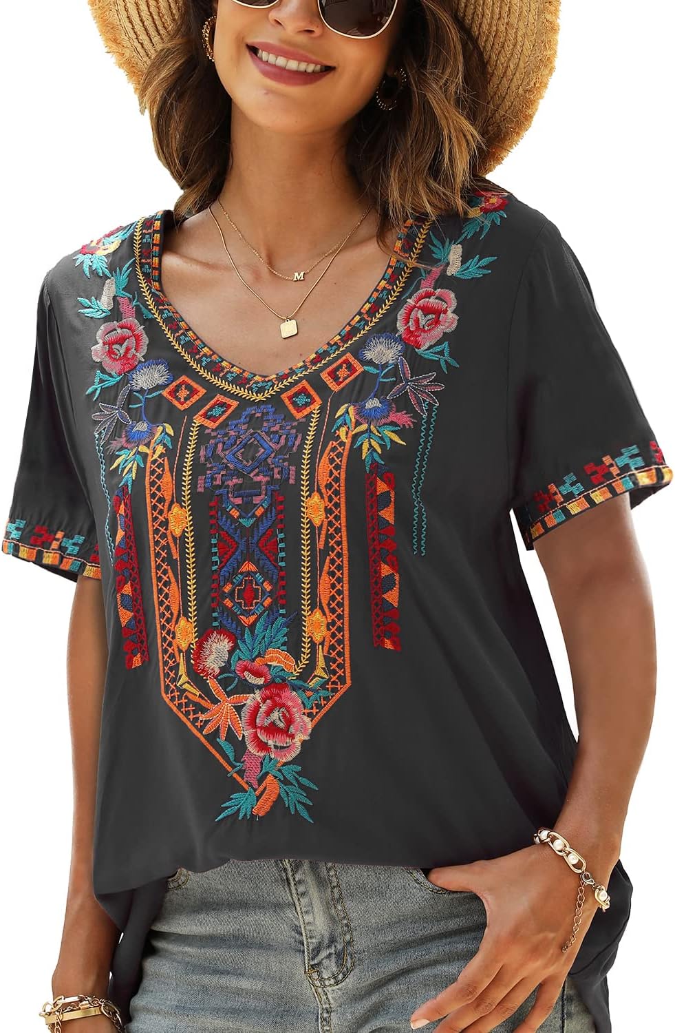 Higustar Women's Mexican Embroidered Tops Traditional Boho Peasant Shirts Summer Short Sleeve Tunics Blouses Hippie Clothes - Image 5