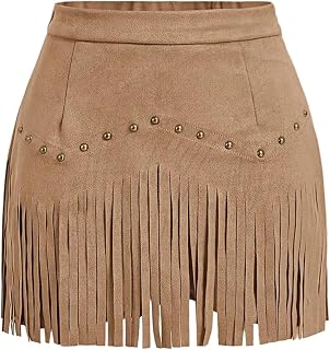 Women's Suede Fringe Sexy Cowgirl Skirts Country Concert Outfit Western High Waisted Skirt