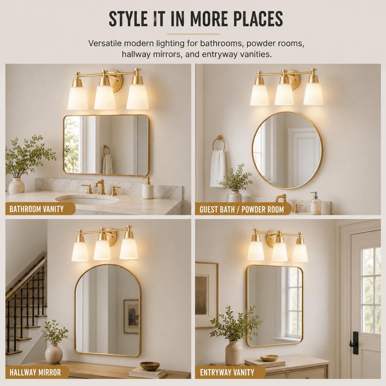 Milk Glass Bathroom Vanity Light Over Mirror, 3 Light Brushed Gold Stainless Steel Wall Mount Modern Vanity Light Fixture with Frosted Glass for Bathroom