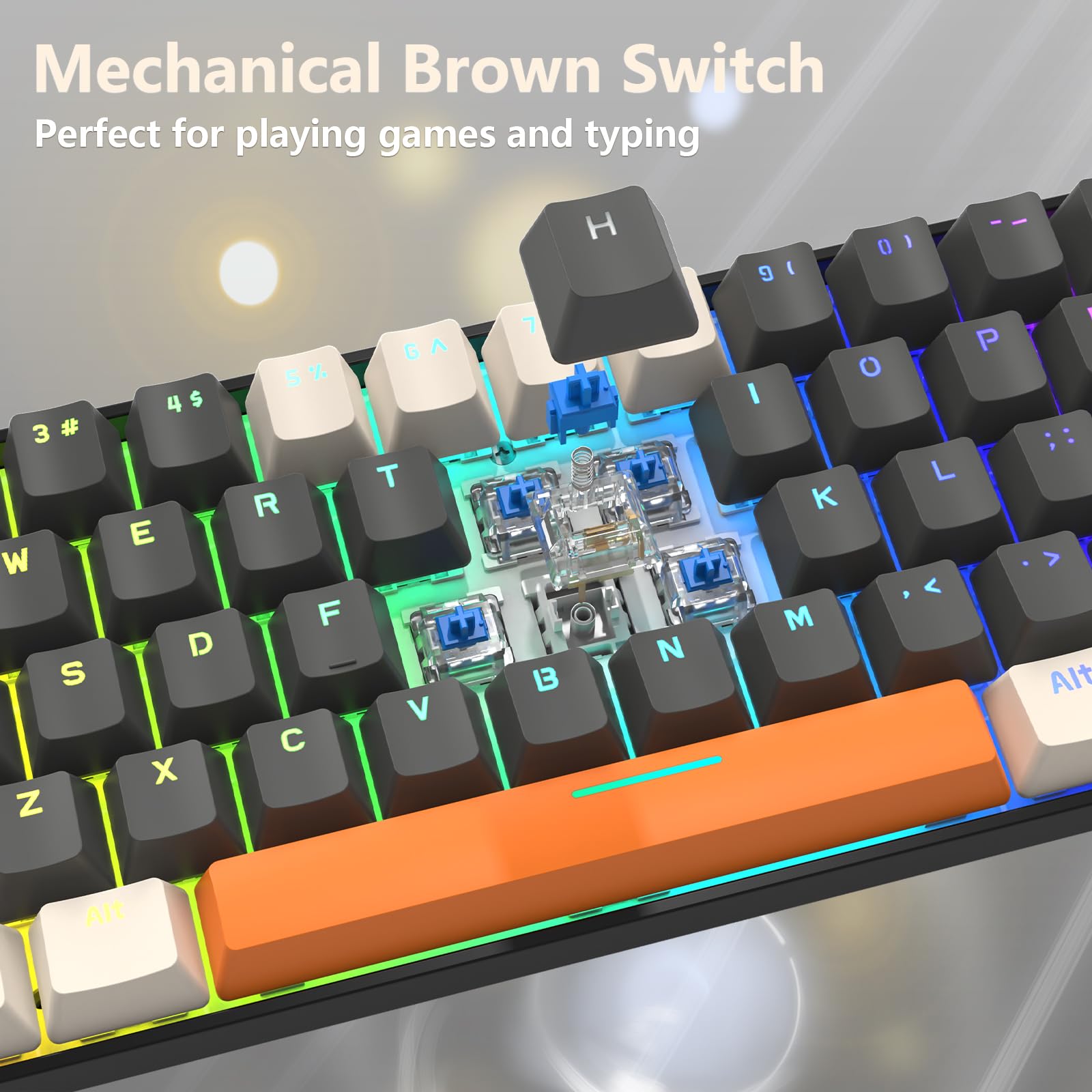 RK-T60 Tastiera e mouse da gioco meccanico cablato Combo portatile con retroilluminazione arcobaleno 62 tasti NKRO 6400DPI RGB a nido d'ape cavo aviatore a spirale per PS4/PC/WIN Gamer (grigio