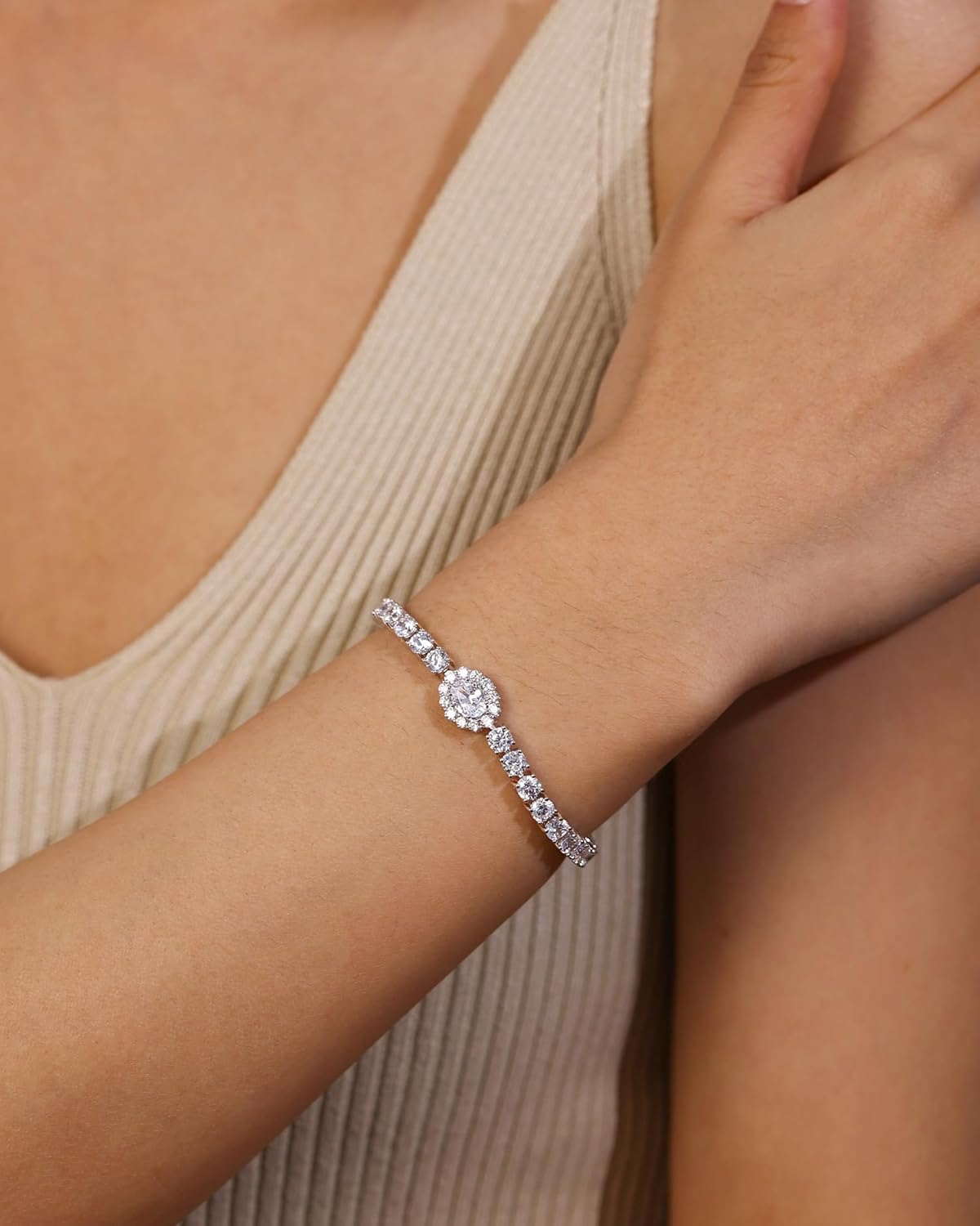 FANCIME Sterling Silver Cubic Zirconia Tennis Bracelets for Women Oval Halo CZ Bracelets Fine Jewelry Birthday Gifts for Women Her, 7" - Image 2