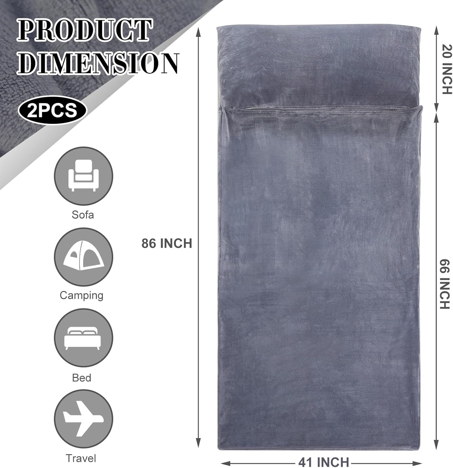 2 Pcs Sleeping Bag Liner for Adult, 86 x 41 Inch Grey Flannel Fluffy Sheet & Camping Sheet for Autumn Winter Warm Thick Sheets for Backpacking, Hotel, Traveling, Sleeping Bag with Zipper