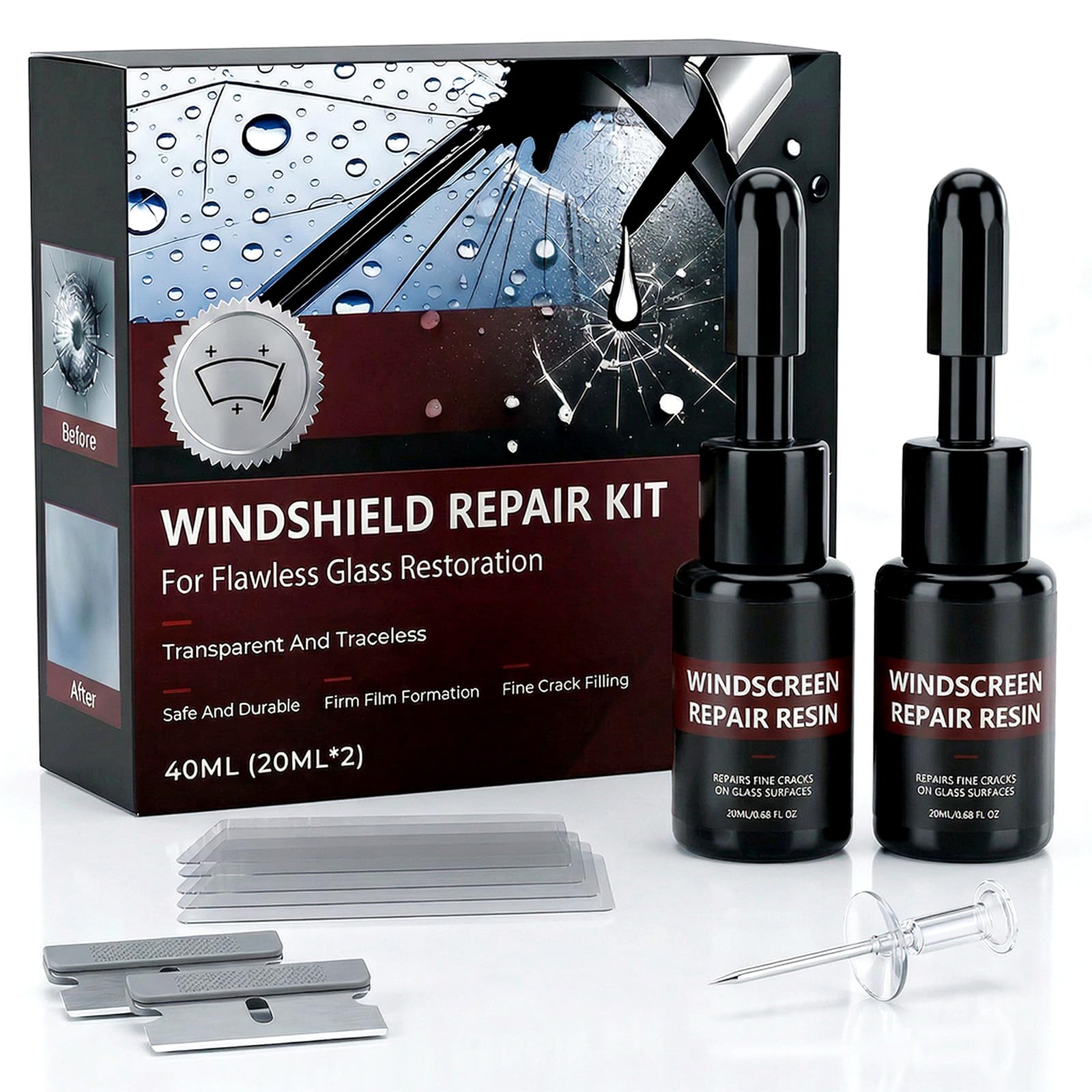 Photo 1 of 2026 Upgraded Windshield Repair Kit, 40ML (2x20ml) Nano Glass Repair Fluid, Windshield Crack & Chip Repair Kit for Quick Invisible Fix, Star-Shaped Cracks, Universal Windows Mirrors, All Crack Types