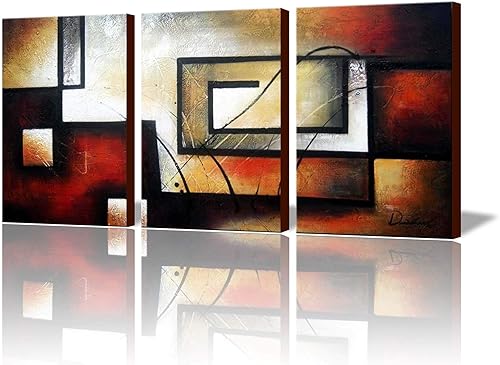 ARTLAND Pintura al óleo abstracta moderna 100% pintada a mano sobre lienzo, El laberinto de la memoria, arte de pared enmarcado de 3 piezas, listo