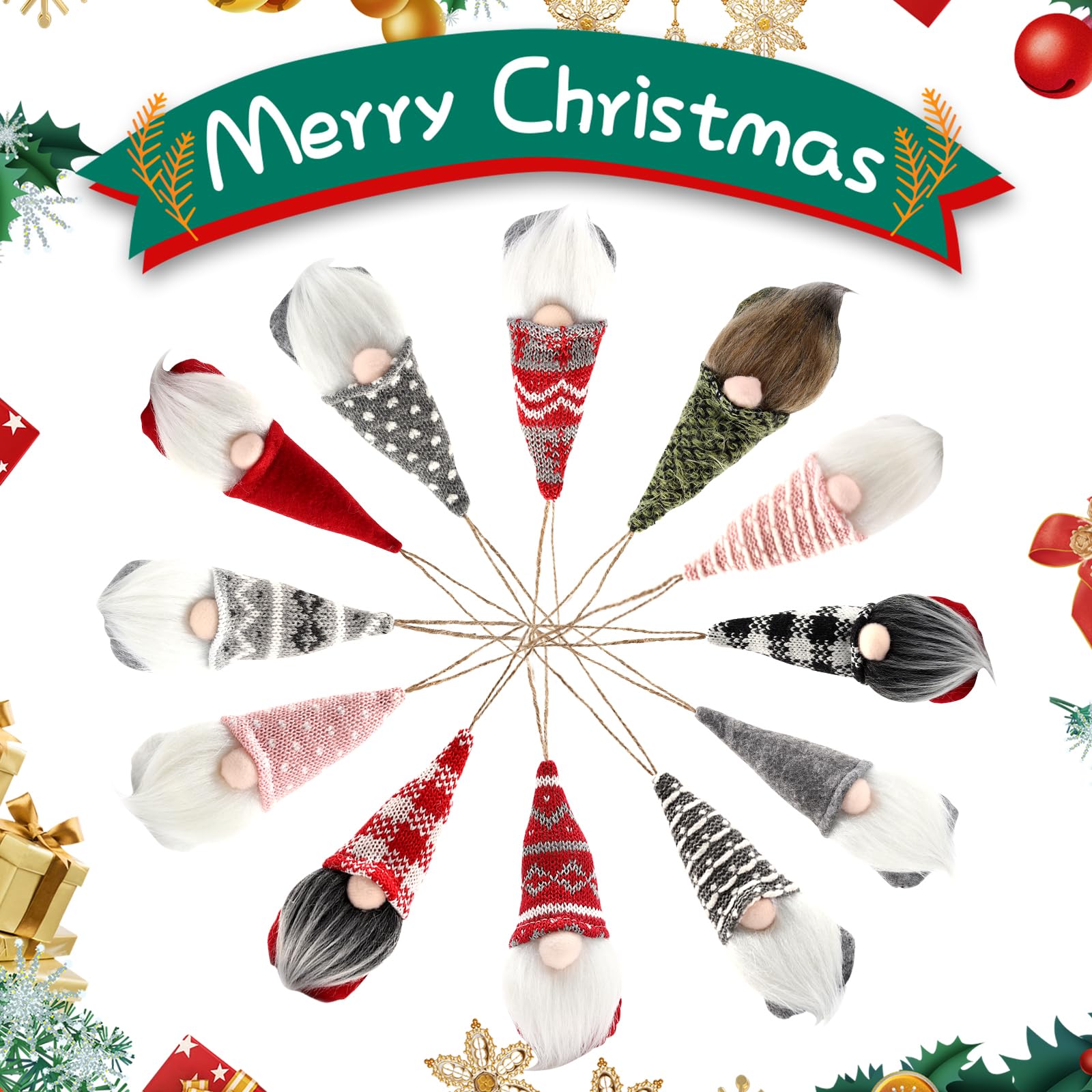 12-Piece Combination Christmas Tree Hanging Gnome Decoration, Swedish Plush Gnome Beard Decoration - Image 3