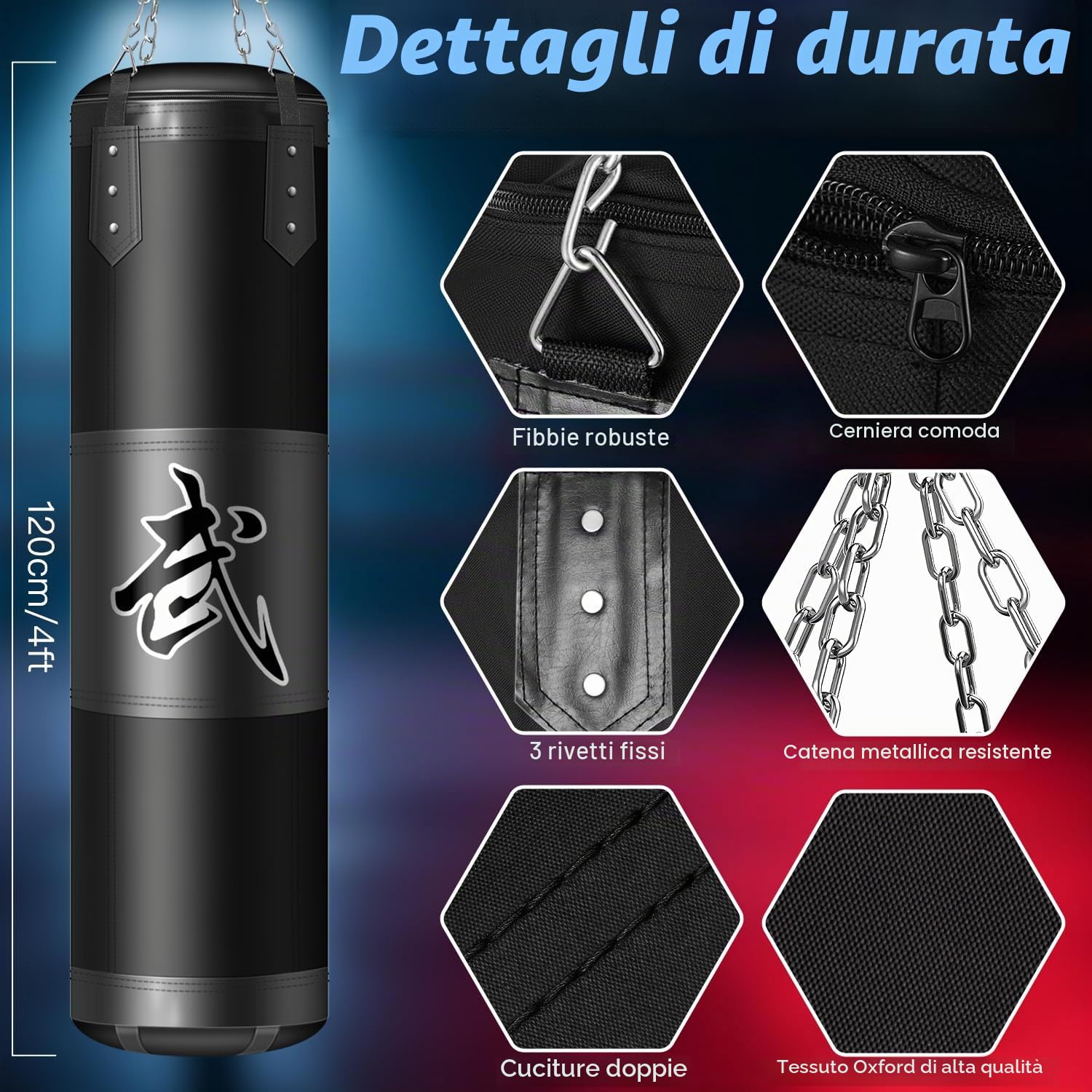 Sacco da Boxe per Adulti, Adolescenti e Bambini, 120 cm Tessuto Oxford, con Gancio a Soffitto, Catena, Bende, Parapolsi per MMA, Karate, Kickboxing, Boxe Home-Gym (Non Imbottito)