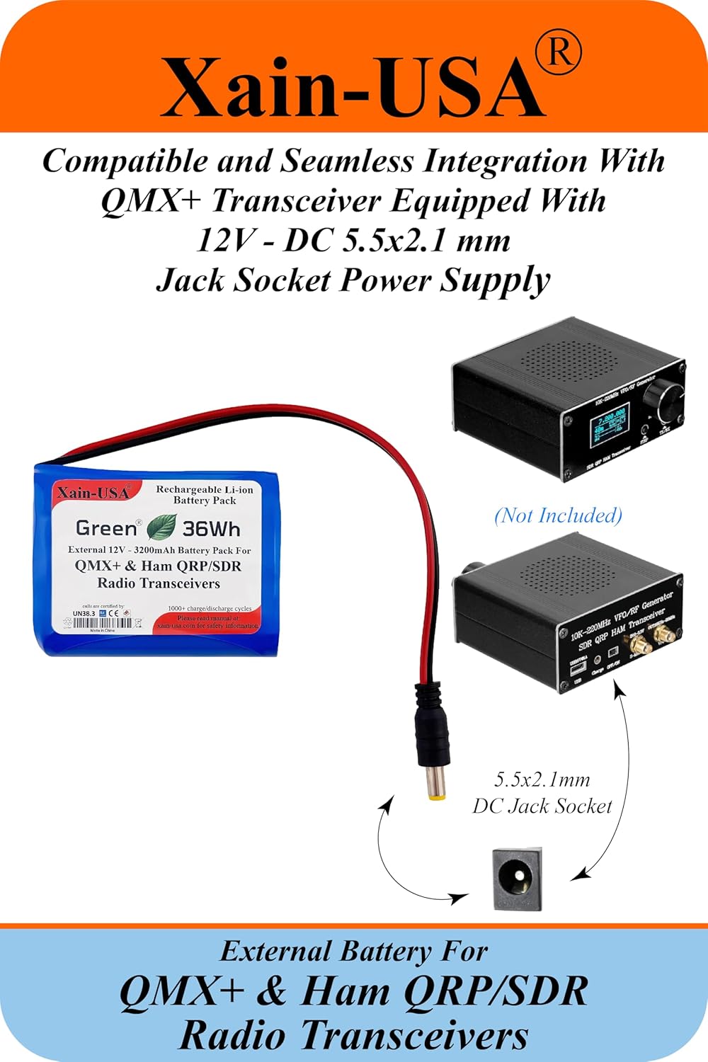 12V 3200mAh Li-ion Rechargeable External Battery – Compatible with QMX+ Transceivers & SDR/QRP Ham Radios High-Endurance Power with Xain-Xtra Cells, Rated for 1000+ Charge Cycles