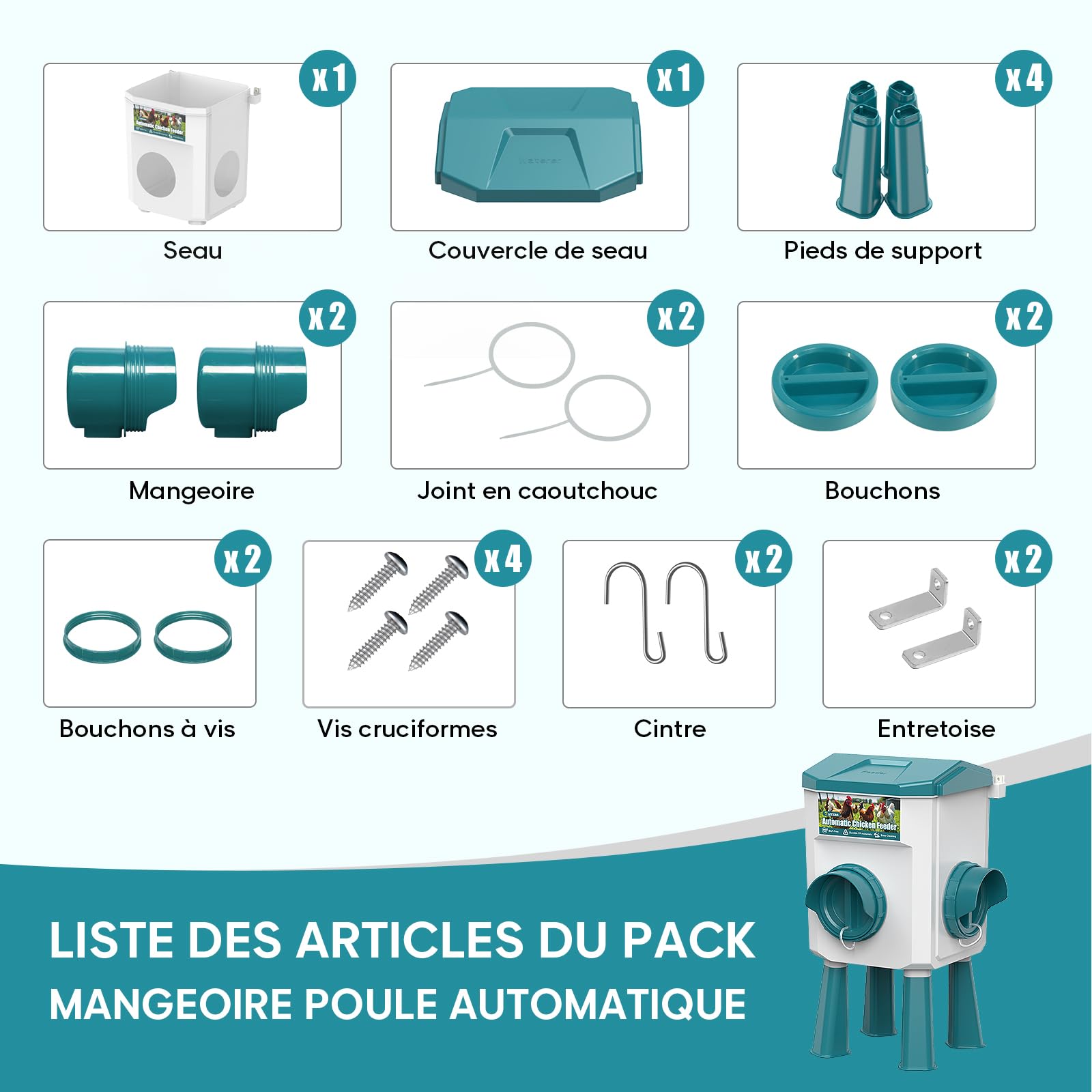 CHAMUTY 7kg Mangeoire Poule Automatique avec sans Gaspillage 2 Ports, Mangeoire Automatique Poule pour Poulets, Canards, Oies, Oiseaux