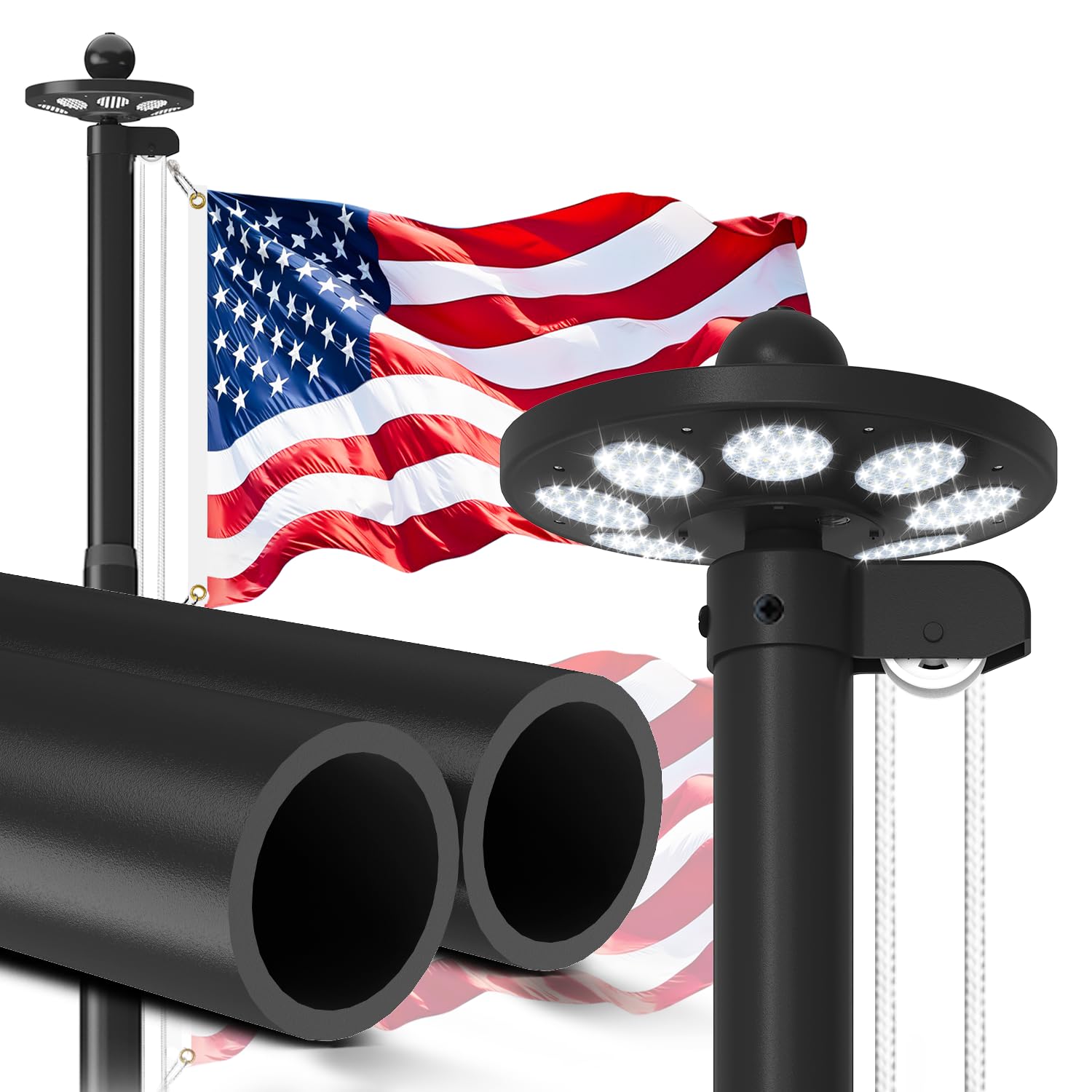 Photo 1 of Lezbanz Upgraded 10 Gauge 25FT Heavy Duty Flag Pole Kit with 136 LED Solar Light, Extra Thick Flagpole for Outside House in Ground, Bottom 3 mm Thick & Width 3.74 in, 120MPH Wind Rated