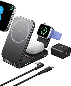 INIU 3 in 1 Wireless Charging Station, Qi2 Certified Travel Charger for Apple Multiple Devices, Foldable Charger Stand for Apple iPhone 16 15 14 13 12 Series Watch AirPods (with Adapter)