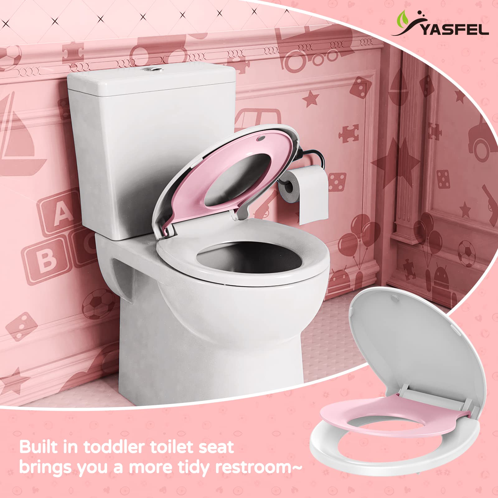 YASFEL Toilet Seat with Toddler Toilet Seat Built in, Potty Training Toilet Seat for Toddlers, Kids & Adults White Plastic Toilet Seats Standard Round Slow Close with Magnets Pink (Round, 16.5?Ç¥)