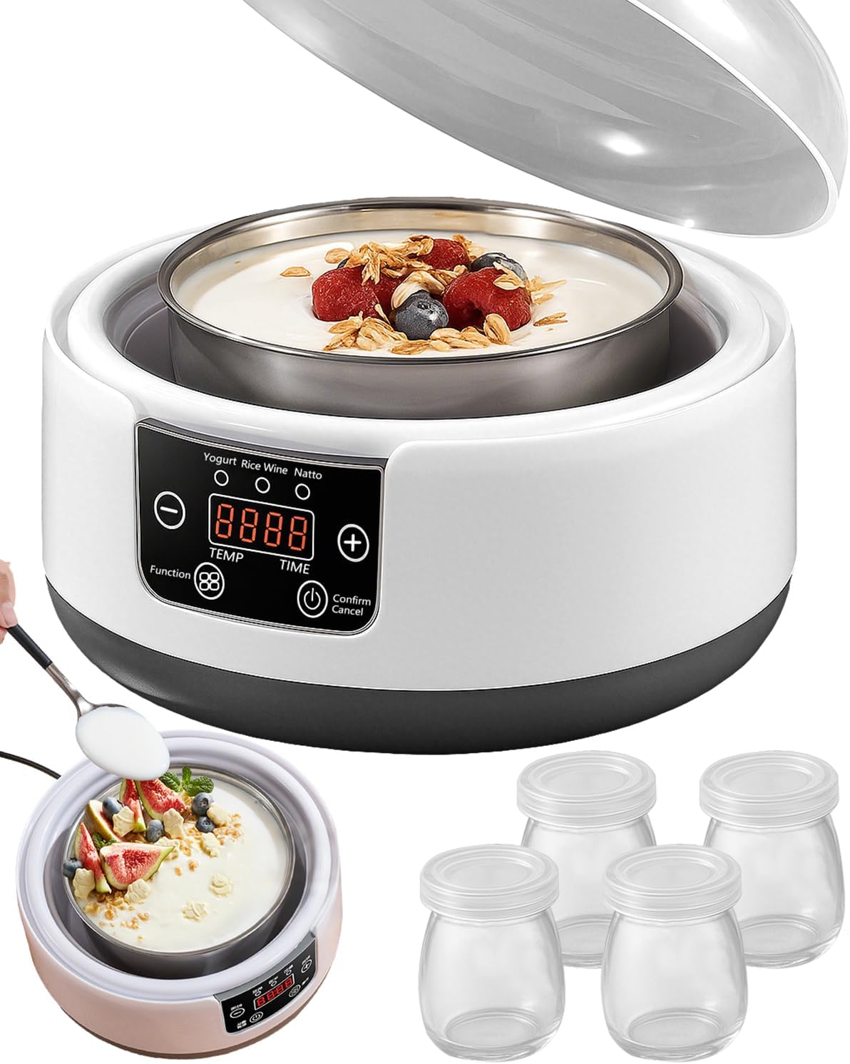36 Hour Yogurt Maker, Automatic Digital Yoghurt Maker with Constant Temperature Control and Timer, Multifunctional Probiotic Yogurt Machine for Home Cheese, Fruit Wine (With 4 Glass Jars 42 Ozs)