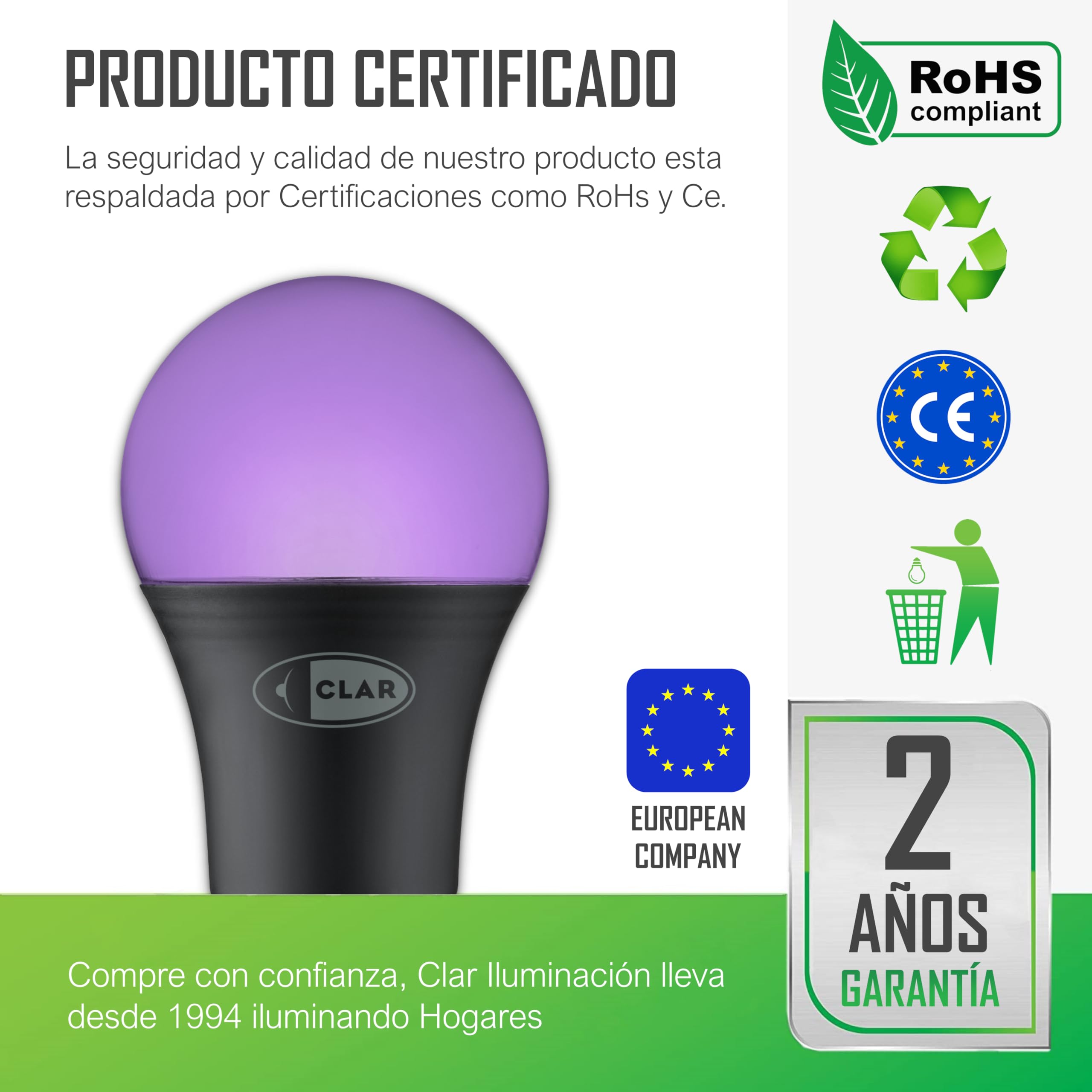 CLAR - Bombilla UV, Iluminación Halloween, Discoteca, Luz Negra Ultravioleta (Pack 5)