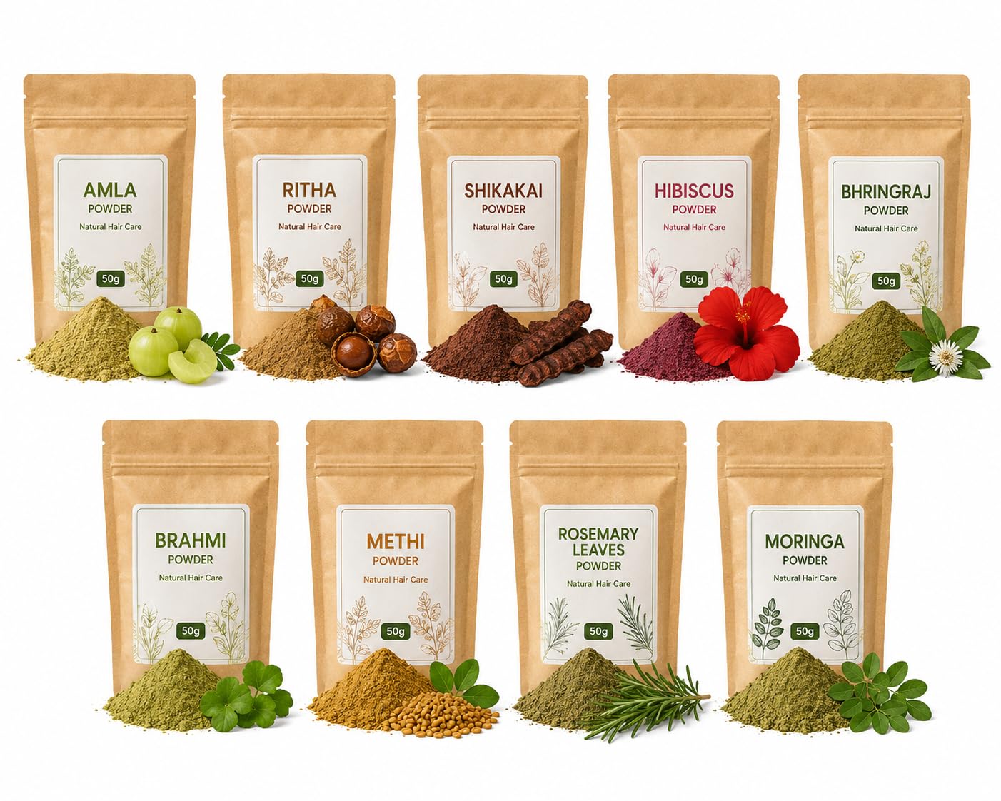 Herbal Hair Care Powder Combo with Amla, Ritha, Shikakai, Hibiscus, Bhringraj, Brahmi, Methi, Rosemary, and Moringa, 9 Ayurvedic Herbs, 50g Each-image-23