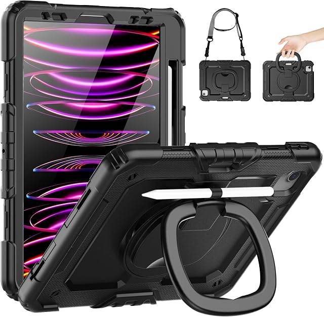 SEYMCY iPad Pro 11 inch Case 2022/2021/2020/2018, iPad Air 5th 4th Generation Case [3-Layer Shockproof] with Handle Grip Stand/Pencil Holder/Screen Protector, iPad Air 2022 Case 10.9 inch, Black