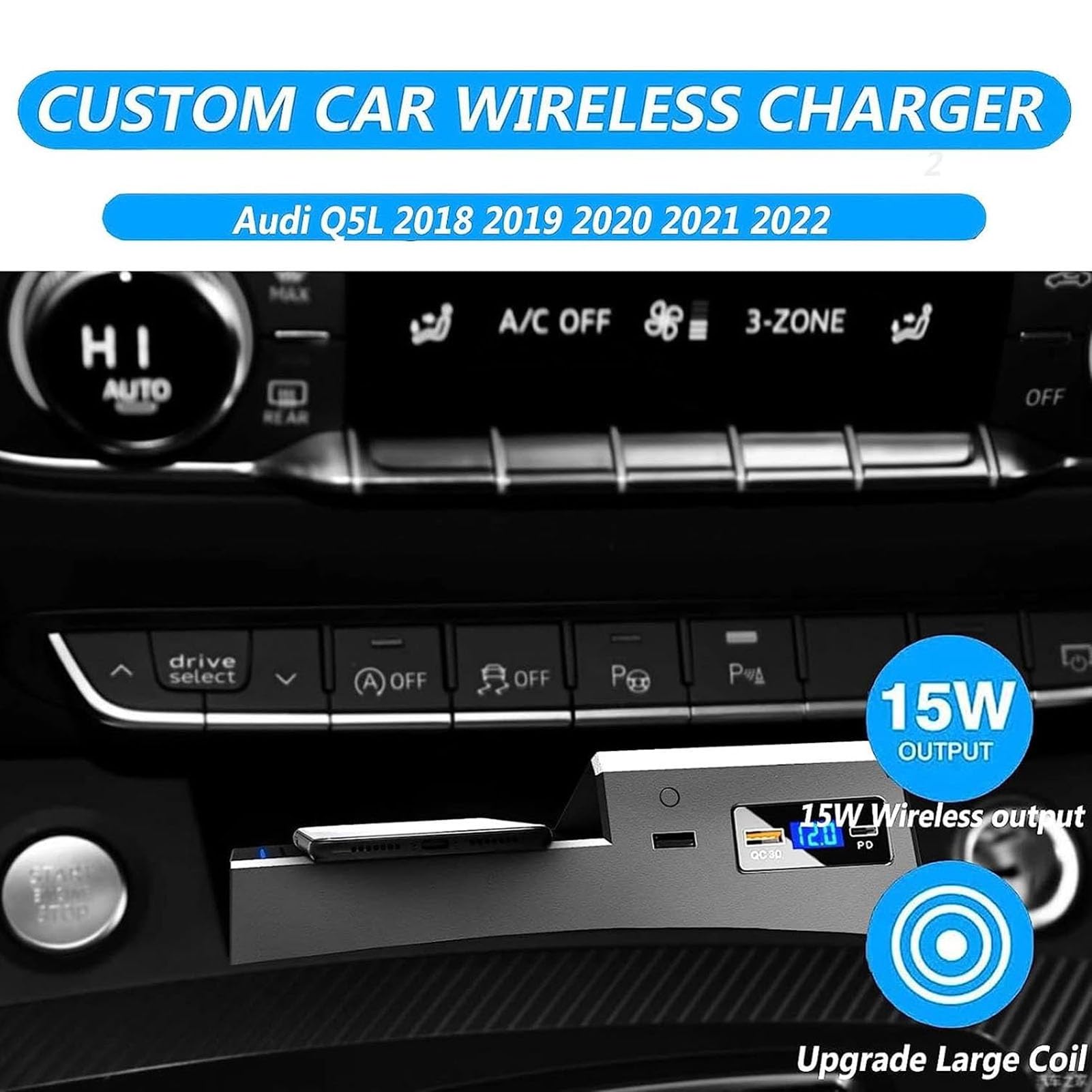Cargador De Coche Inalámbrico para Audi Q5L 2018-2022 Panel De Accesorios De Consola Central,Cargador De Teléfono De Carga Rápida Qi De 15 W con Puertos USB para Cualquier Teléfono Habilitado P